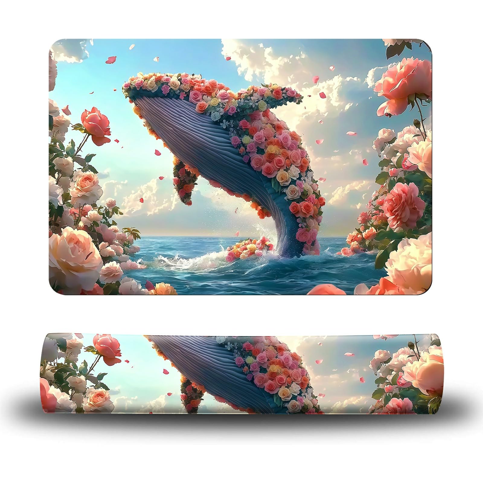 Dikoer Dog Food Mat, 15.7" x 23.6" Absorbent Pet Feeding Mat for Food and Water, Waterproof Diatom Mud Pet Placemat with Non-Slip Rubber Backing, Cat Bowl Mat for Floors - Flower Ocean Whale