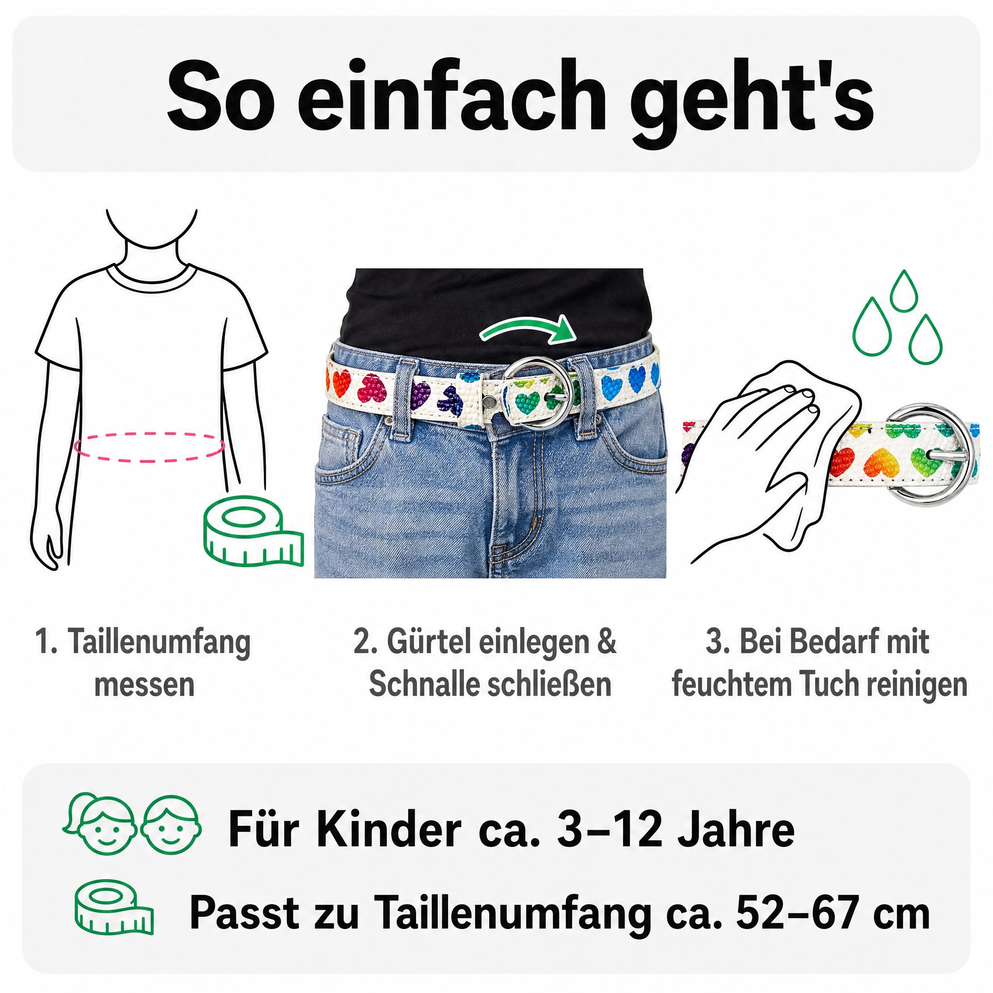 Gürtel für Kinder, Kindergürtel Mädchen & Jungen, verstellbar 52–67 cm, Dornschließe aus Metall, vegan aus Kunstleder, weiß mit bunten Herzen, 2,5 cm breit