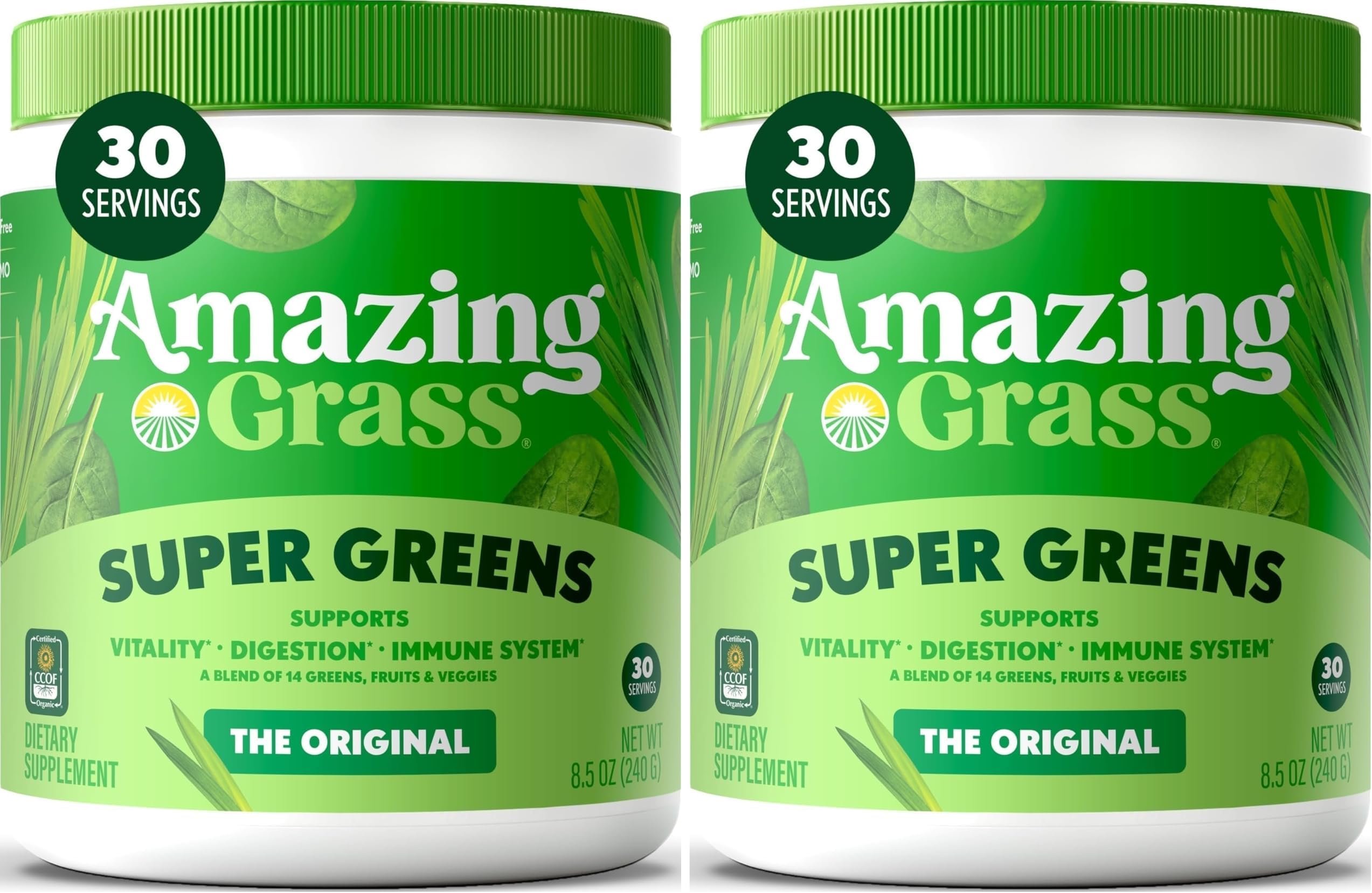 Amazing Grass Greens Blend Superfood:Greens Powder Mix for Energy,with Organic Spirulina,Chlorella,Beet Root Powder,Digestive Enzymes & Probiotics,Original,(Packaging May Vary),30 Servings,(Pack of 2)
