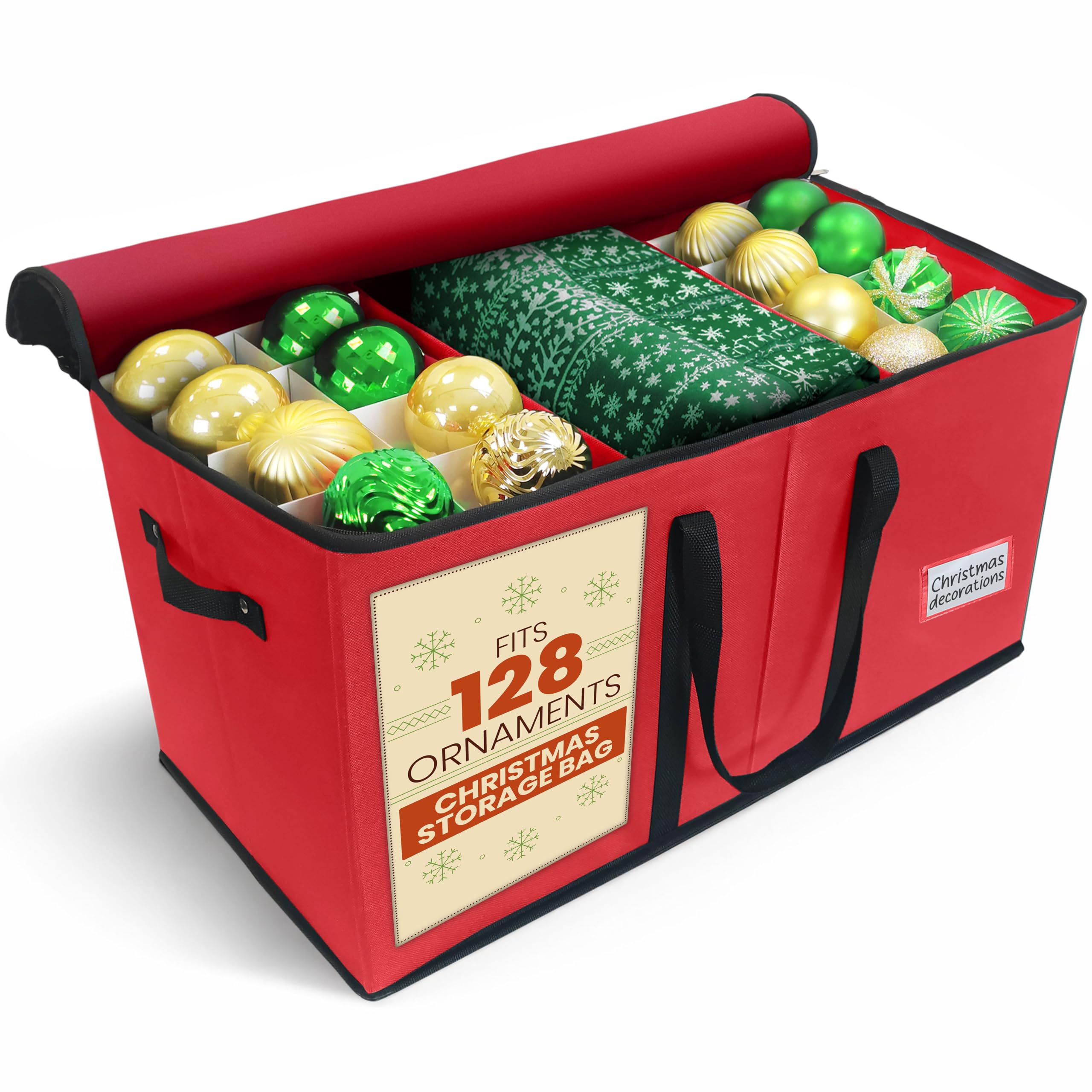 Pelle & Sol Christmas Bauble Storage Box - Ornament Storage with Dividers - Holds 128 Ornaments Christmas Decorations - Tear-Proof Fabric, Sturdy, & Multipurpose - Christmas Decoration Storage (Red)