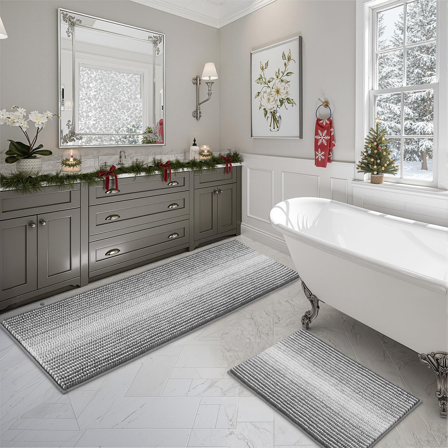 BSICPRO Bathroom Rugs and Mats Sets, 2 Piece Thick Absorbent Chenille Bath Mat Rug Set Non Slip, Soft Shaggy Bath Room Floor Mats for Bathroom, Machine Washable (Gray, 20" x 60" Plus 20" x 32")