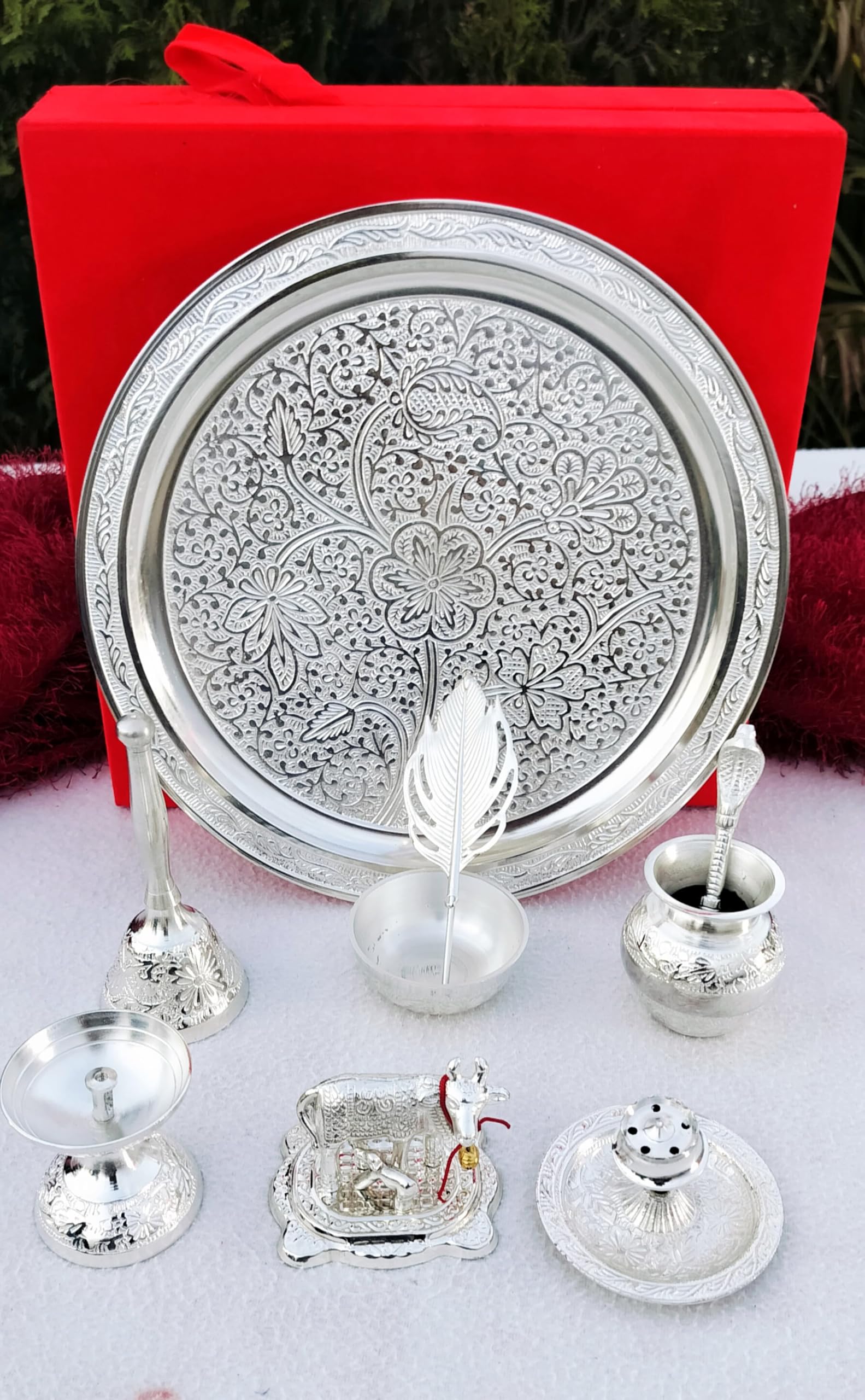 indiancraftsbykanika german silver fully craved pooja thali set of 9 pieces for housewarming/diwali pooja