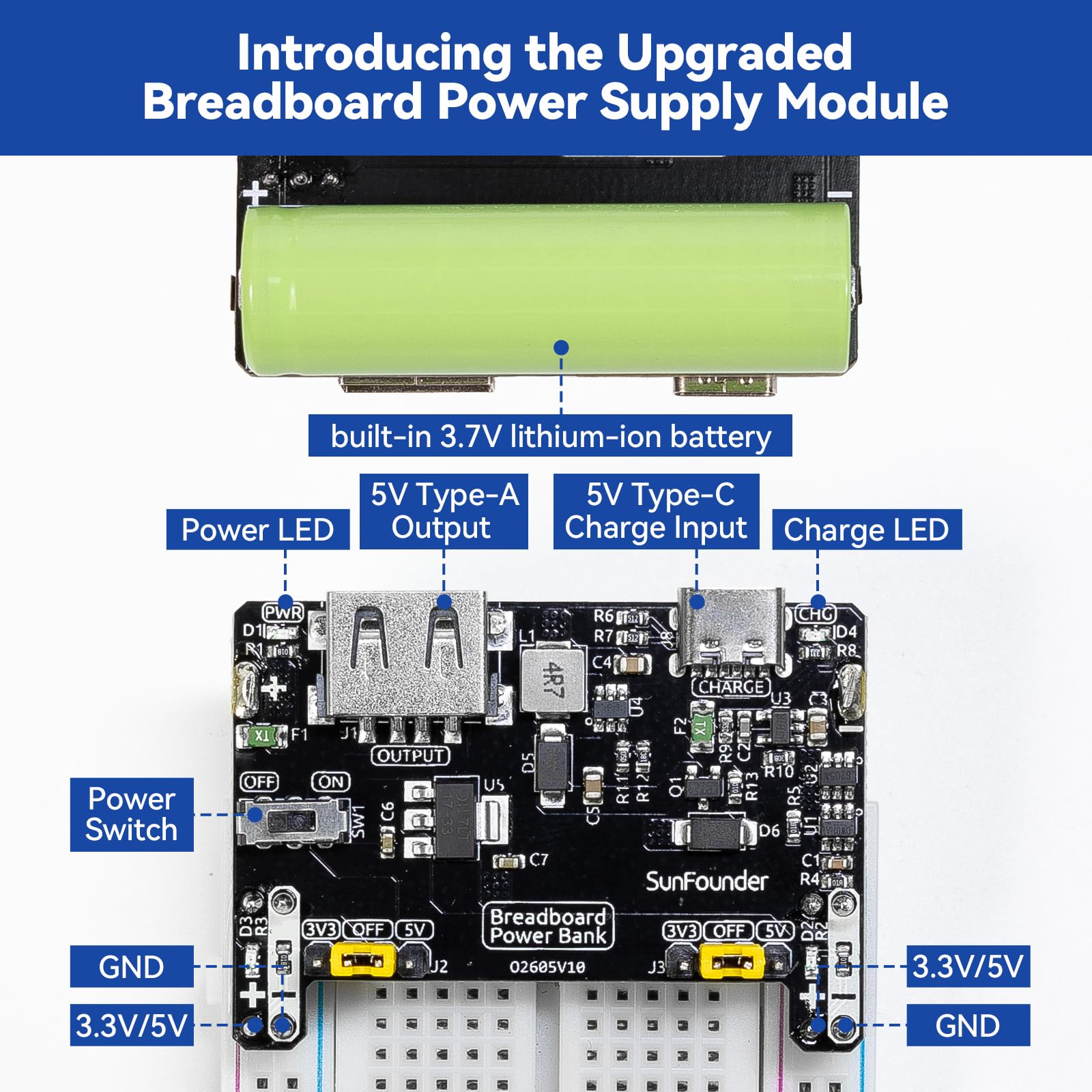 SunFounder BreadVolt Breadboard Power Supply Module Compatible with Arduino,Built-in Rechargeable Battery,Raspberry Pi,PicoW,ESP32,5V/1.5A,3.3V/1A,USB Output(Breadboard Not Included) - 3