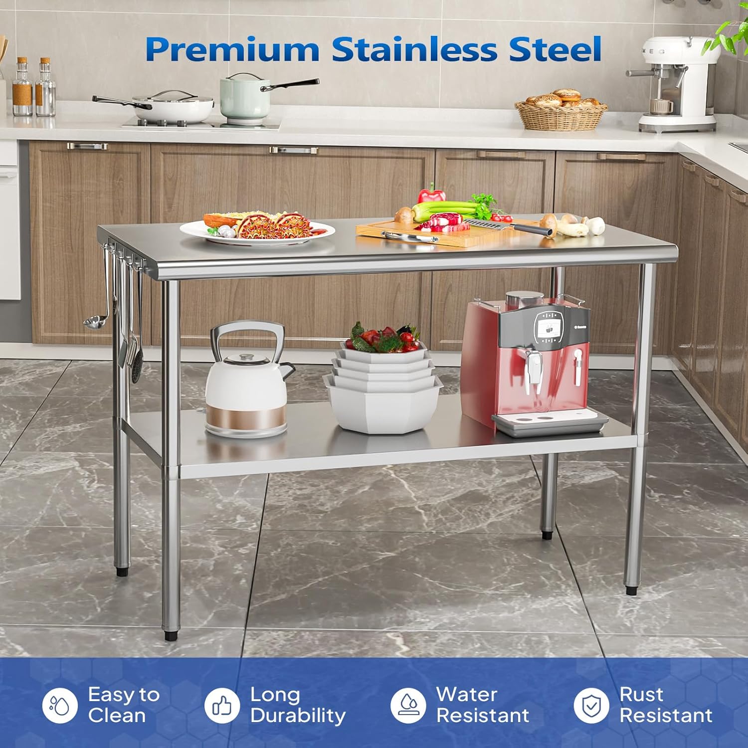 ROVSUN 48'' x 24'' Stainless Steel Table for Prep & Work,Commercial Worktables & Workstations, NSF Heavy Duty Metal Table with Adjustable UnderShelf for Kitchen, Restaurant, Home, Hotel, Outdoor