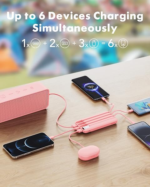 charmast Charmast Portable Charger with Built in Cables, Power Bank with Cords Wires, Slim 10000mAh Travel Battery Pack 6 Outputs 3 Inputs 3A Fast Charging for Samsung Google Pixel LG Moto iPhone iPad in use