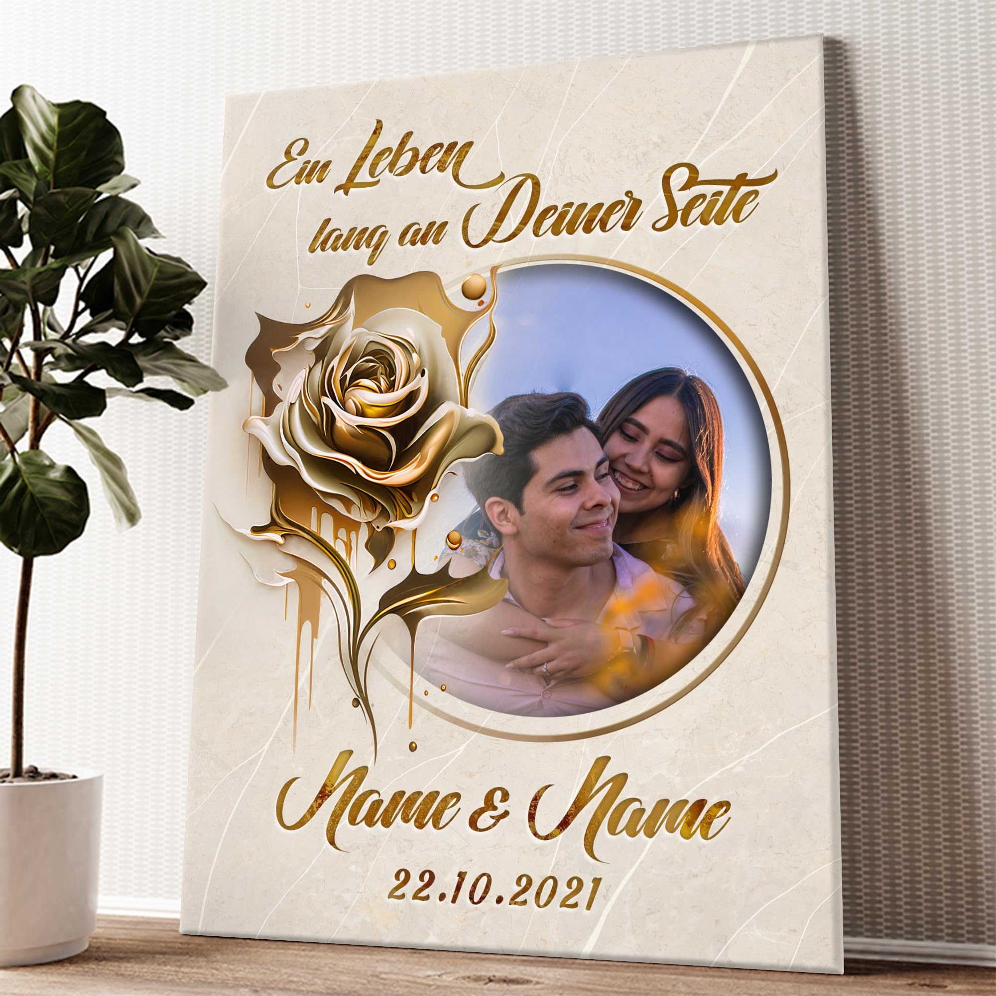 Liebesleinwand Personalisiertes Foto-Leinwandbild gestalten | Ewige Goldblüte | Geschenk zum Jahrestag, Hochzeitstag, Verlobung, Hochzeit | Leinwandbild gestalten mit Foto, Namen und Datum