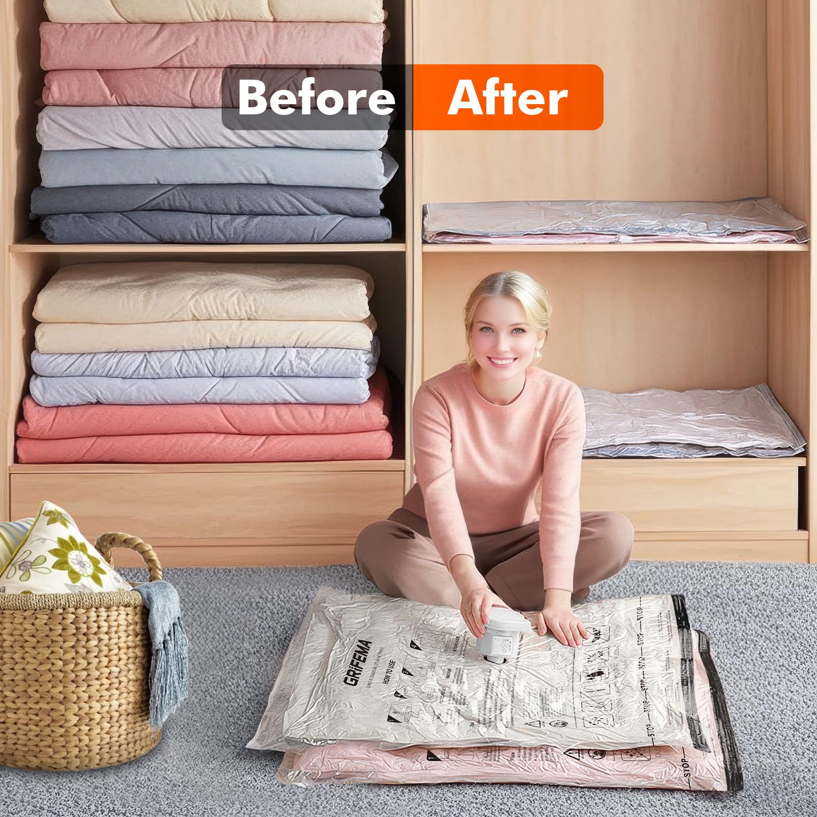GRIFEMA GH83-4, 6 Pack Vacuum Storage Bags, 60x40 cm Reusable Compression Bags for Clothes Bedding & Travel - Image 3