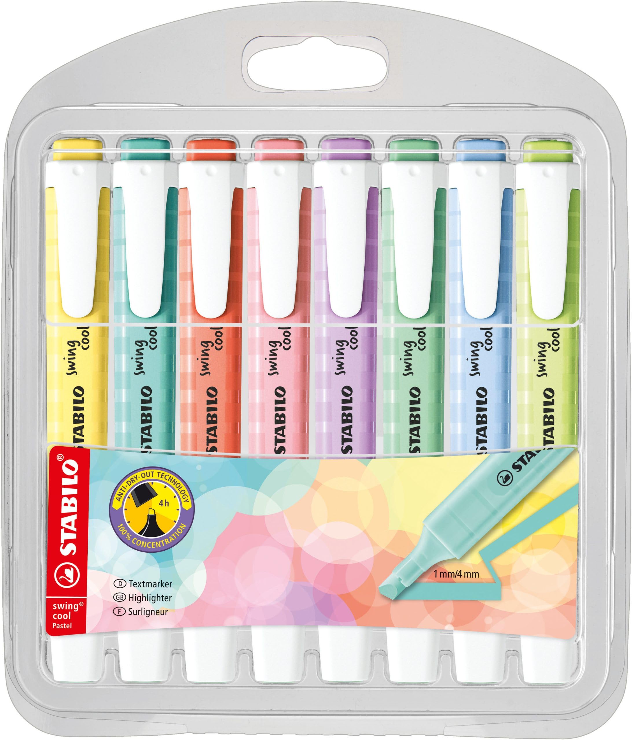 STABILO Evidenziatori swing cool pastello – 5 confezioni da 8 – blu nuvoloso, tocco di turchese, un tocco di menta, rosa fard, Dash of Lime, Mellow Coral Red, Milky Yellow, Lilac Haze