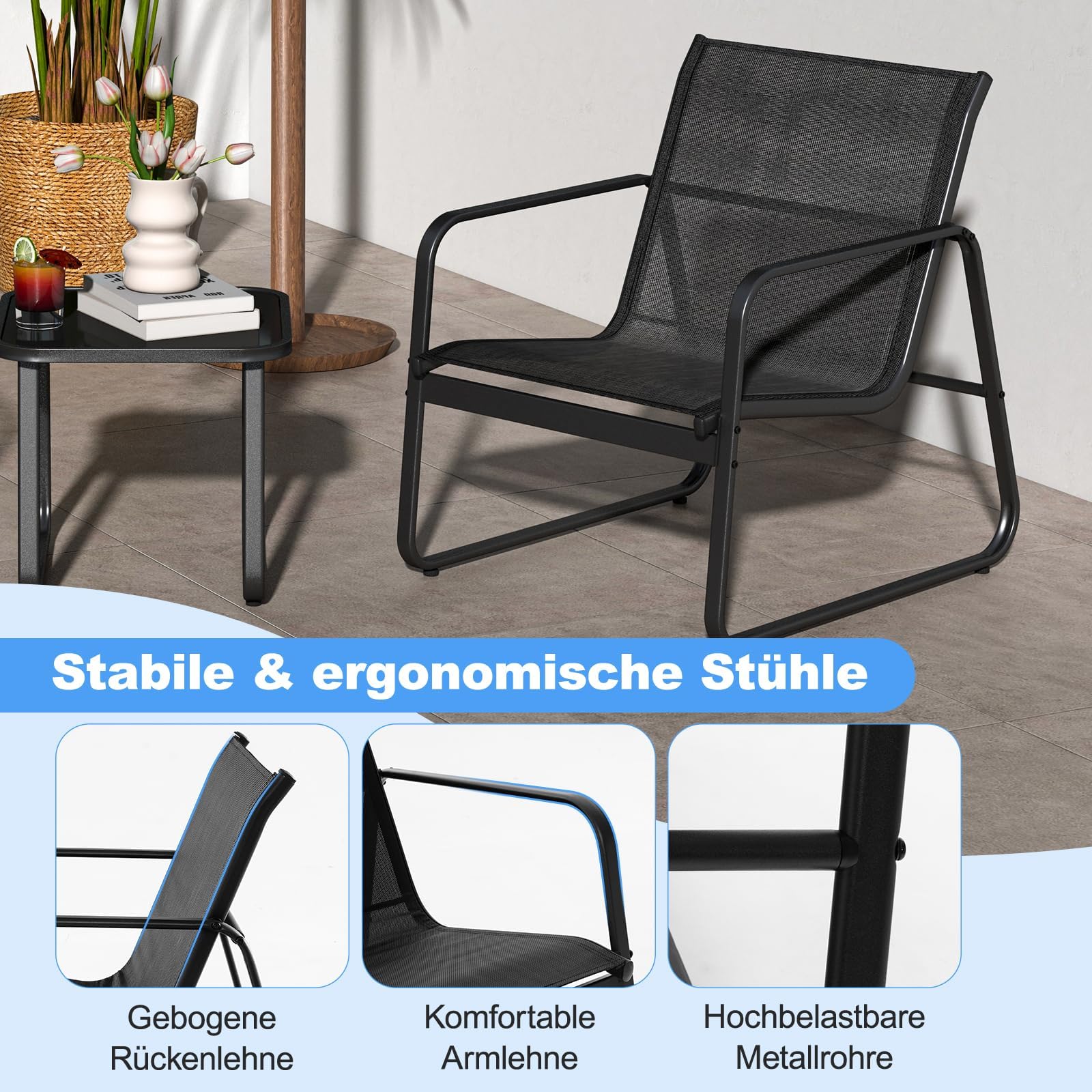 FANTASK Set da balcone in tessuto traspirante, set da 3 pezzi, mobili da giardino con 2 sedie e tavolo per terrazza e balcone, colore: nero