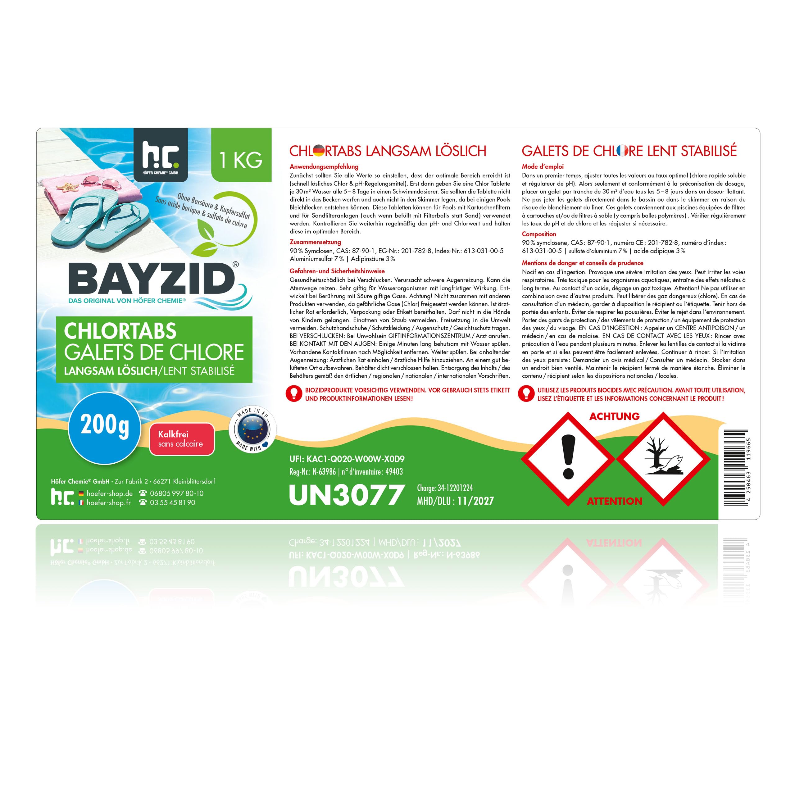 Höfer Chemie 12 x 1 kg Galets de Chlore Lent (200 g) pour Piscine | Chloration Permanente de la Piscine - Hautement Efficace contre les Bactéries - Désinfection Longue Durée