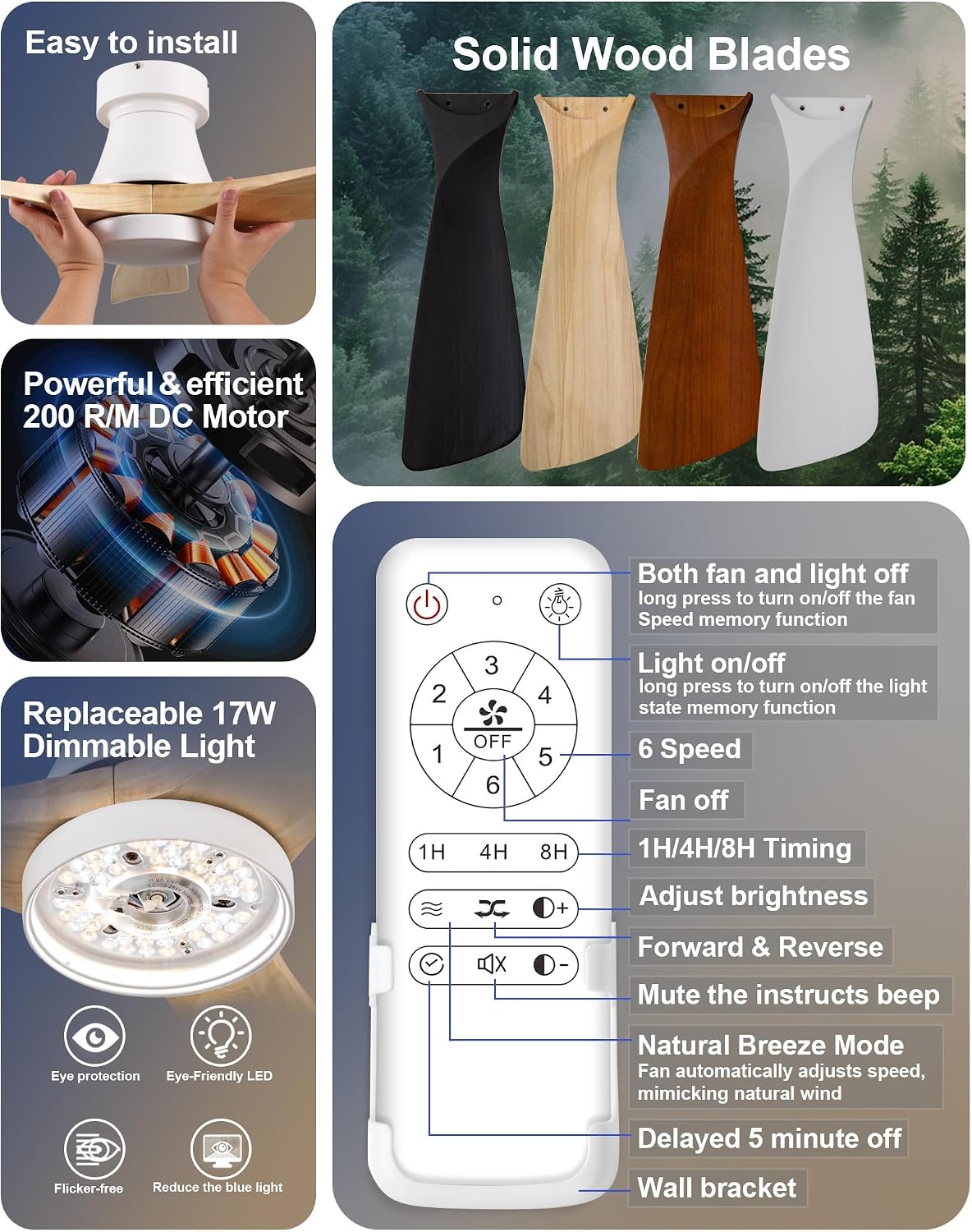 52-Inch Ceiling Fan with Lights, Remote Control, Flush Mount, Dimmable, Reversible, Wood Blades, Power-Off Memory, Quiet DC Motor – Modern Hugger Ceiling Fan for Living Room, Bedroom, Patio