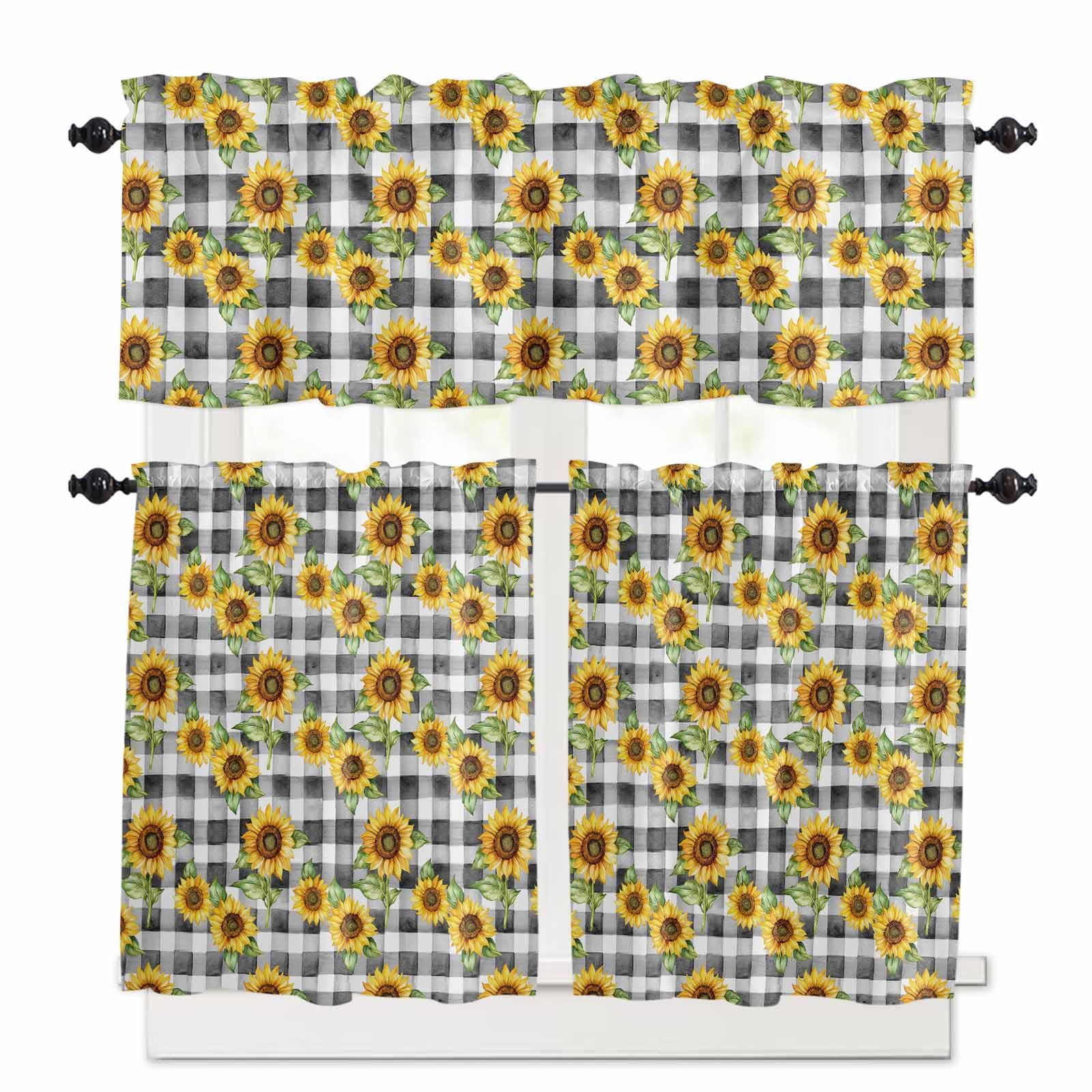 Sunflower Kitchen Curtains 24 Inch Length, 3 Piece Rod Pocket Small Half Tiers and Valance Set, Grey White Plaid Pastoral Summer Botanical Small Large Window Treatment Decor for Bedroom/Bathroom Sink
