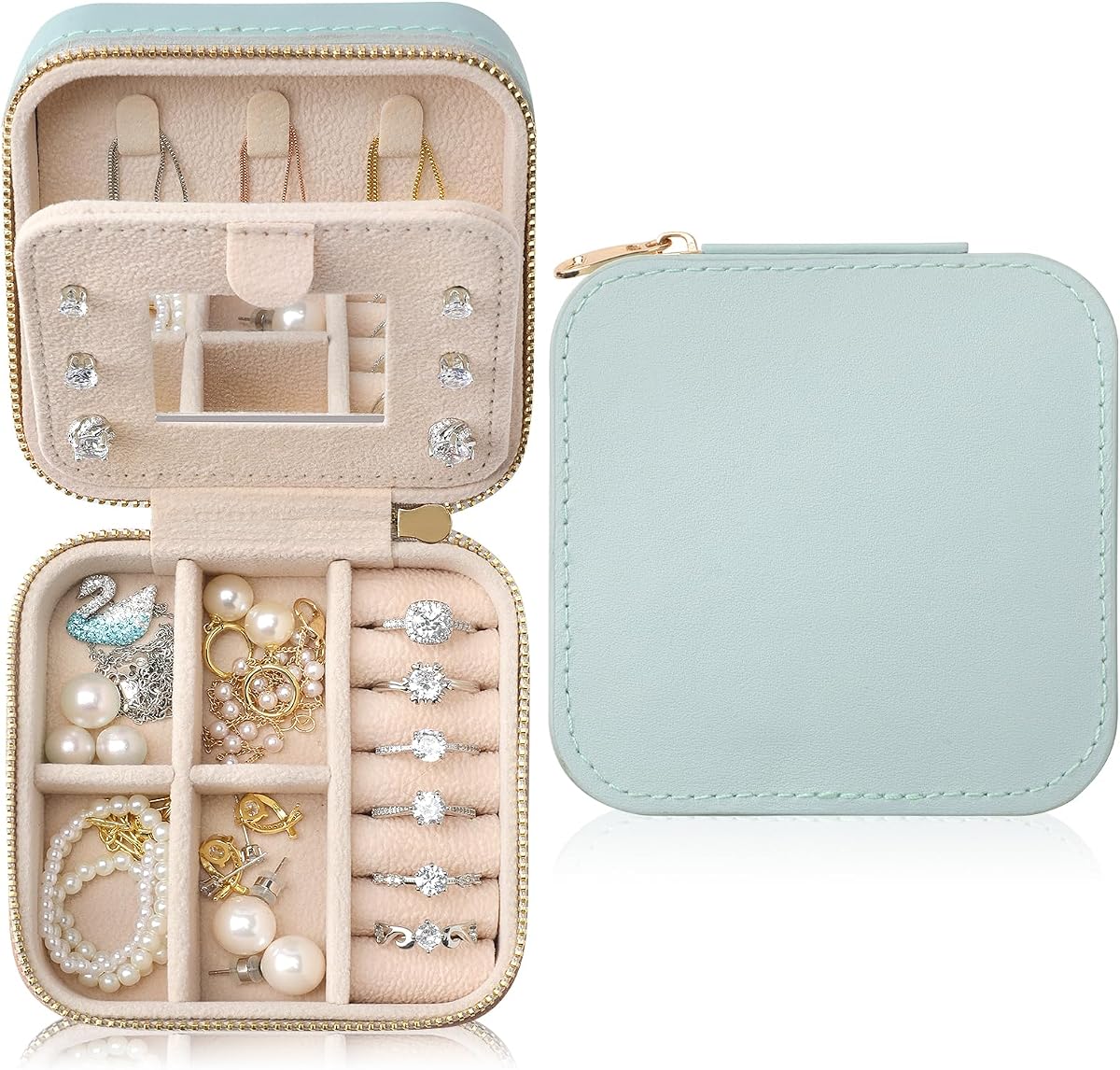 Genuine Leather Travel Jewelry Case Organizer with Mirror for Women, Small Jewelry Box Portable Mini Jewelry Case for Earring, Ring, Necklace, Bracelet Cyan