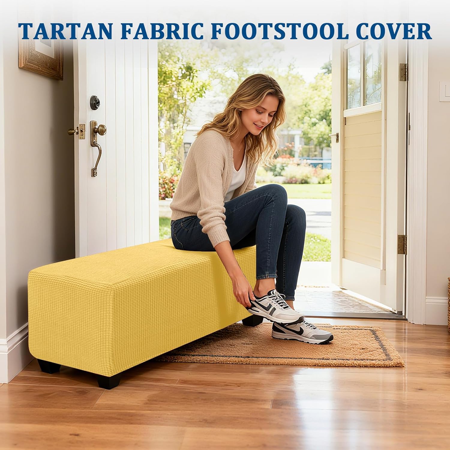 High Stretch Ottoman Cover Square/Rectangle, Folding Storage Footstool Slipcover Removable Footrest Stool Covers with 2 Straps (Gold,1pc Rectangle XL)