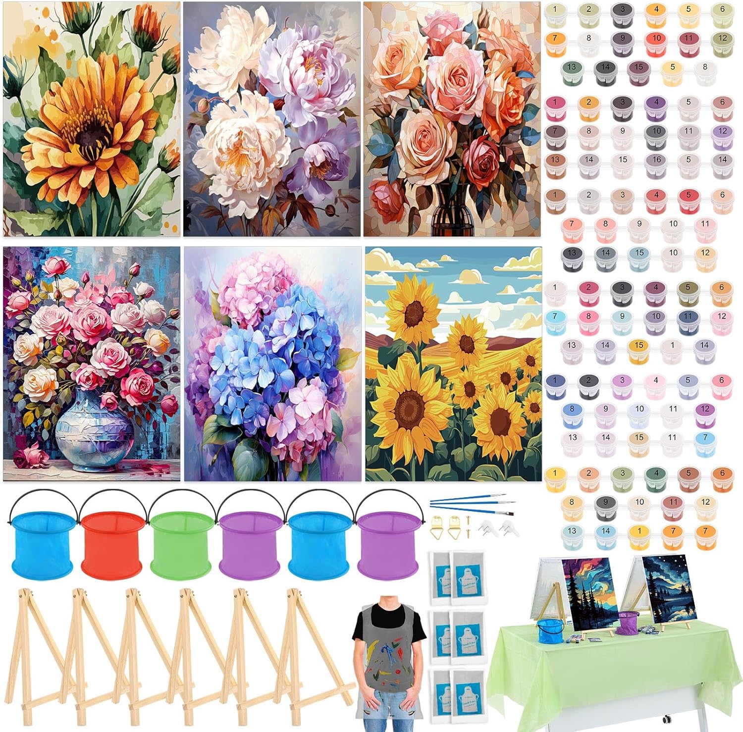 Gersoniel 6 Sets Pre Drawn Paint by Numbers Kit for Adults Beginner, 16x12 Inch Flower Oil Painting on Canvas, Sip and Paint Kit for Adults Couples Date Girls Night, Gifts Home Wall Decor