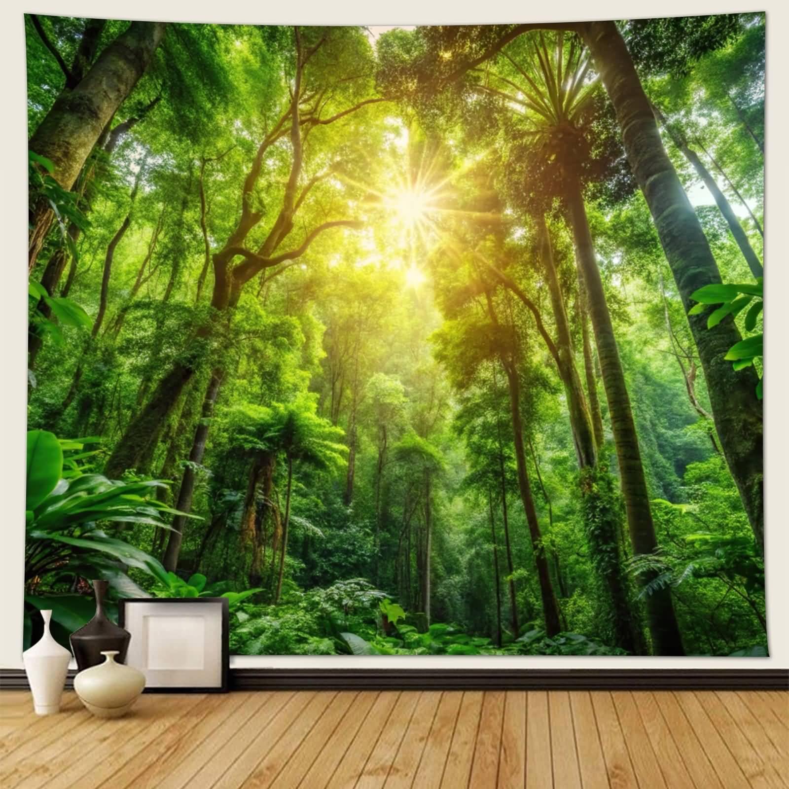 Musihy Landschaft Wandteppich, 350x256cm Sonnenlicht Wald NaturlandschaftWandbehang Dekoration für Wohnzimmer Schlafzimmer & Schlafsaal, Grün