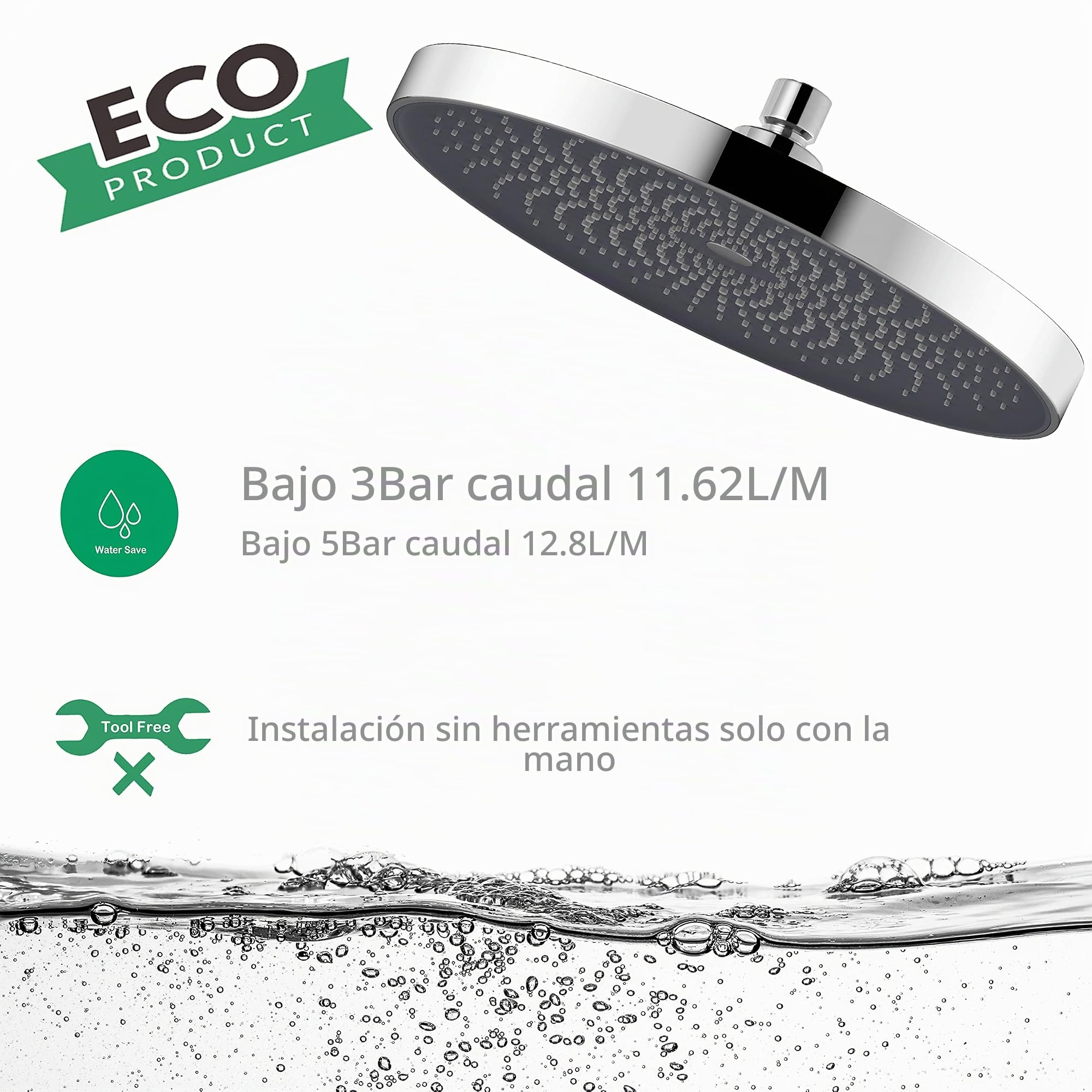 Alcachofa de ducha, rociador ducha 260 mm, juego de ducha premium. Ducha de Masaje Rociador para Spa (Cromo)