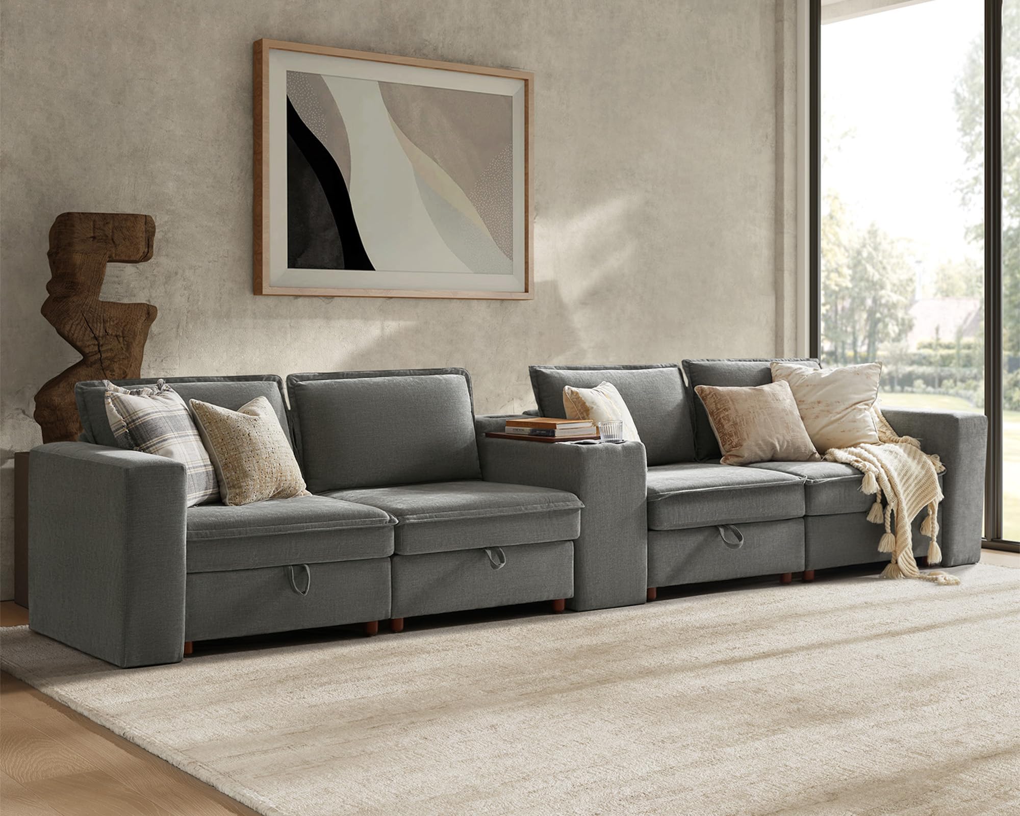 HULALA HOME Modular Sectional Sofa with USB Port and Console, 8 Seater Sofa with Storage Ottoman, Oversized L Shaped Couches for Living Room, FSC