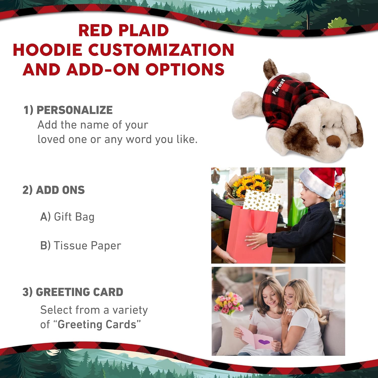 DolliBu Soft Lying Dog Stuffed Animal with Plaid Red Hoodie Sweater and Personalization - Lying Dog Plush Lumberjack Stuffed Toy with Plaid Jacket Dress Up for Christmas, Holiday - 14 Inches
