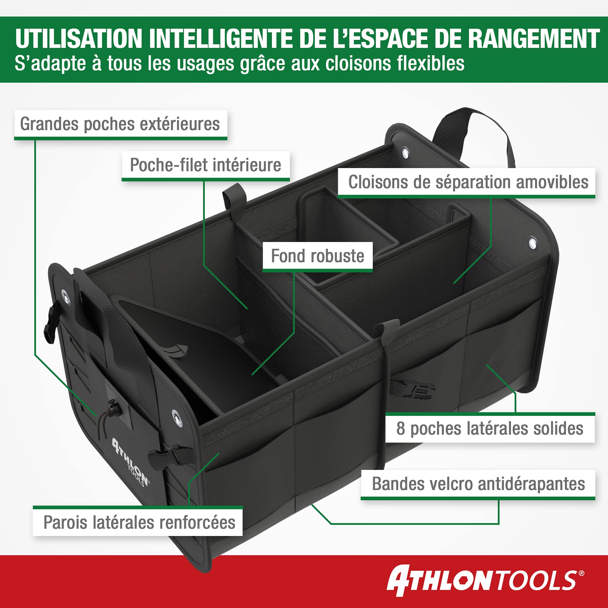 ATHLON TOOLS Sac pour Coffre de qualité supérieure, avec Couvercle - Vainqueur du Test comparatif 06/2022 très Bon - Organiseur de Coffre XXL de 60 litres