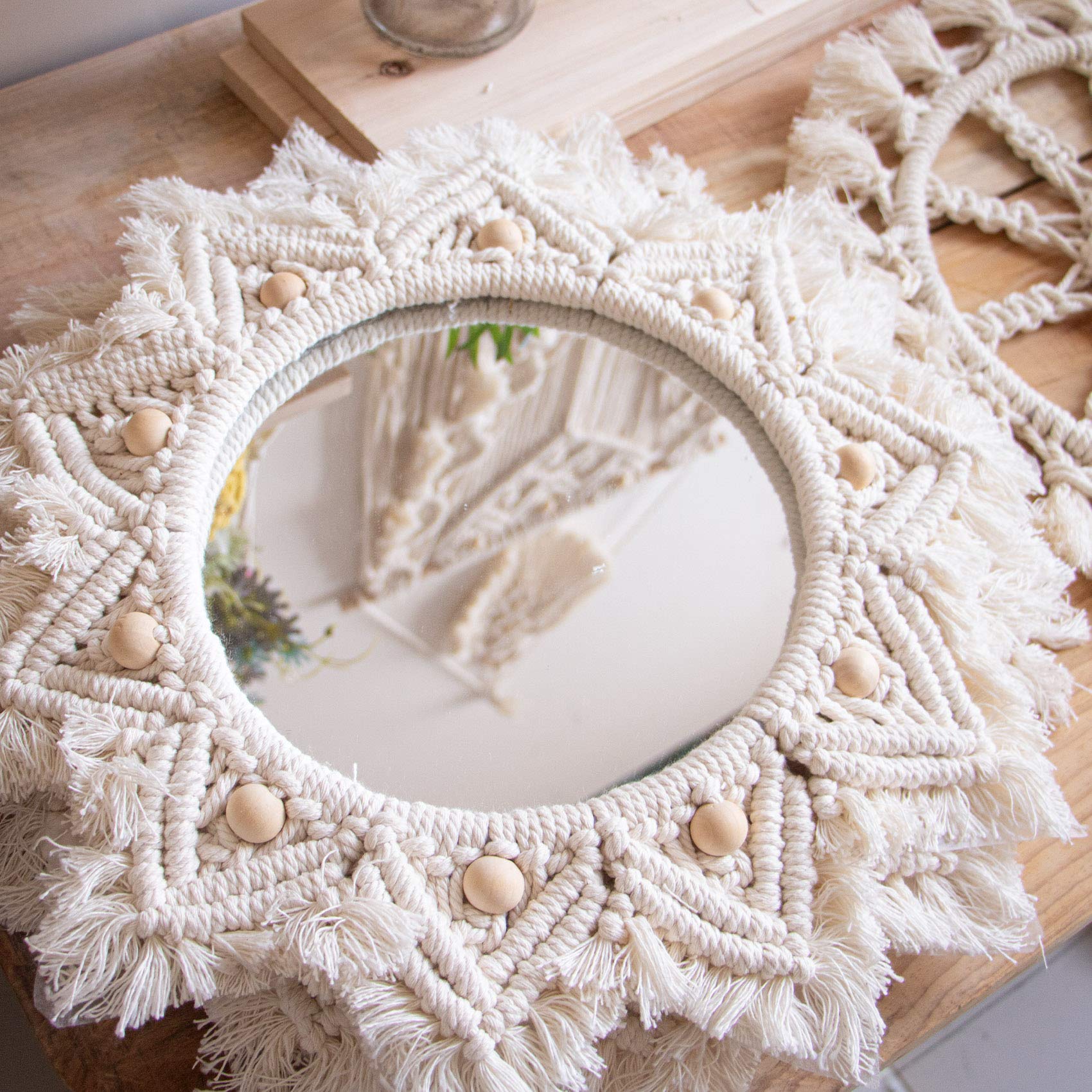 Boho Wall Decor Mirror Macrame Circle Hanging Mirror for Bedroom Living Room Apartment Entryway Home Decor