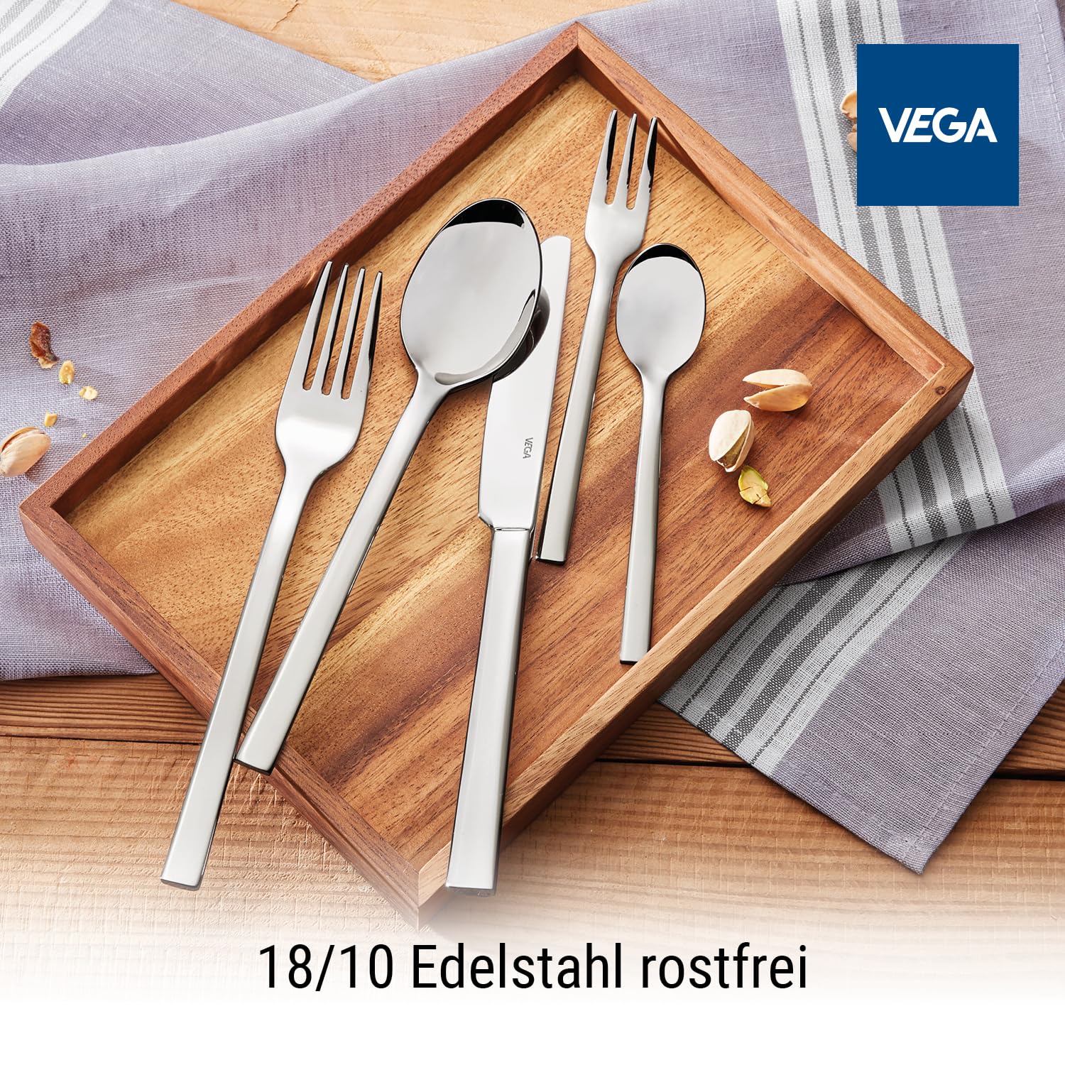 VEGA Native Besteckset 30-teilig für 6 Personen, Edelstahl 18/10, Silber | Spülmaschinenfest & rostfrei, Tafelbesteck hochglanzpoliert, 6 Gabeln, 6 Messer, 6 Löffel, 6 Kaffeelöffel, 6 Kuchengabeln