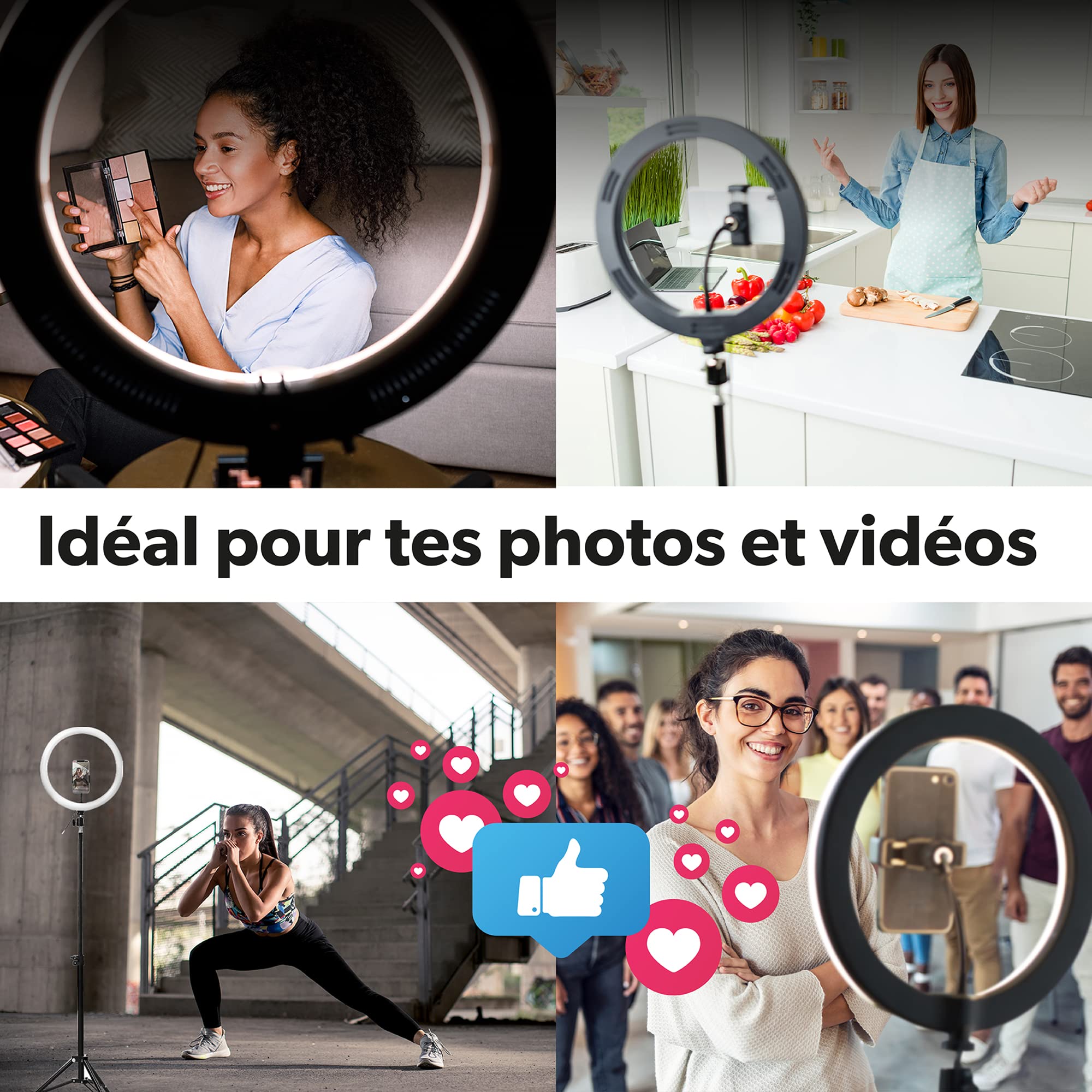 T'NB Influence Ring Light mit Stativ für Studio, Verstellbarer LED-Ring, ideal für Fotos, Videos und Videos Tiktok/YouTube/Twitch/Instagram, Höhe verstellbar bis 160 cm – Schwarz