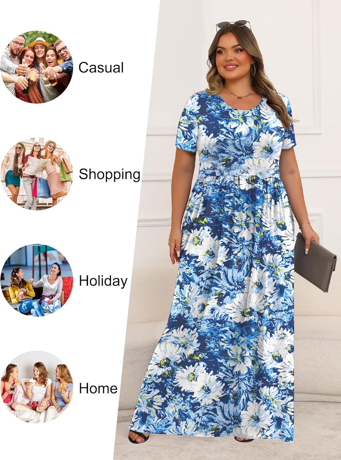 Tencede Womens Plus Size Maxi Dresses Summer 2026 Casual Short Sleeve with Pockets Long Dress 1X-5X - Image 5