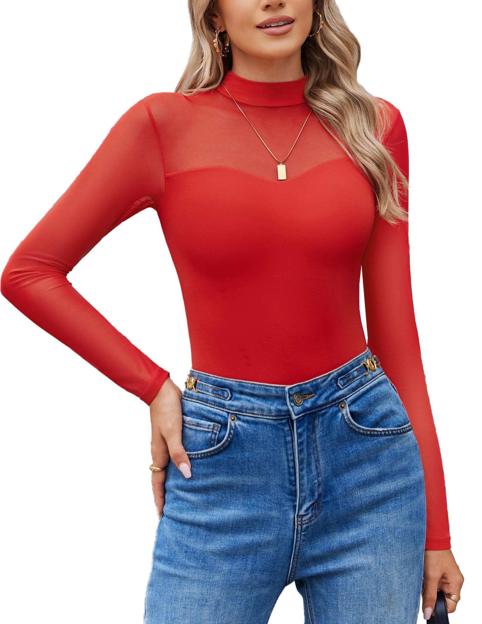 Avidlove Body de manga larga para mujer, cuello alto falso, manga de malla transparente, leotardo de doble forro, camiseta para salir