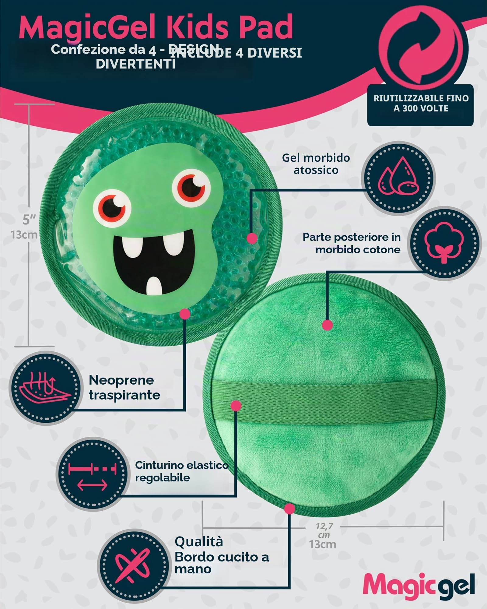 Magic Gel Ghiaccio Gel Riutilizzabile Bambini - Set di 4 - Ghiaccio Bambini - Impacco Caldo Freddo con Freezer e Microonde - Adatto a Ginocchio Mal di Denti e Febbre - Design con Piccoli Mostri