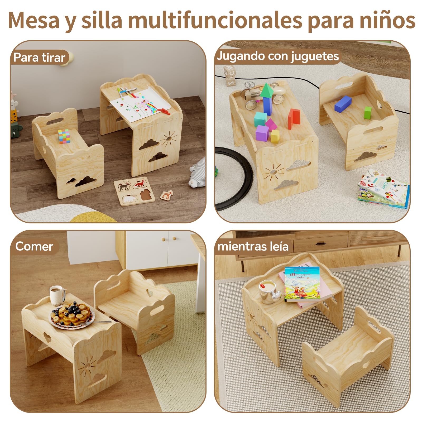 Madera Mesa Infantil con sillas,Silla Mesas Montessori, Juego de Mesa y Silla Infantil, Ideal para Comidas, Aprendizaje y Juego, para Leer, Fácil de Instalar