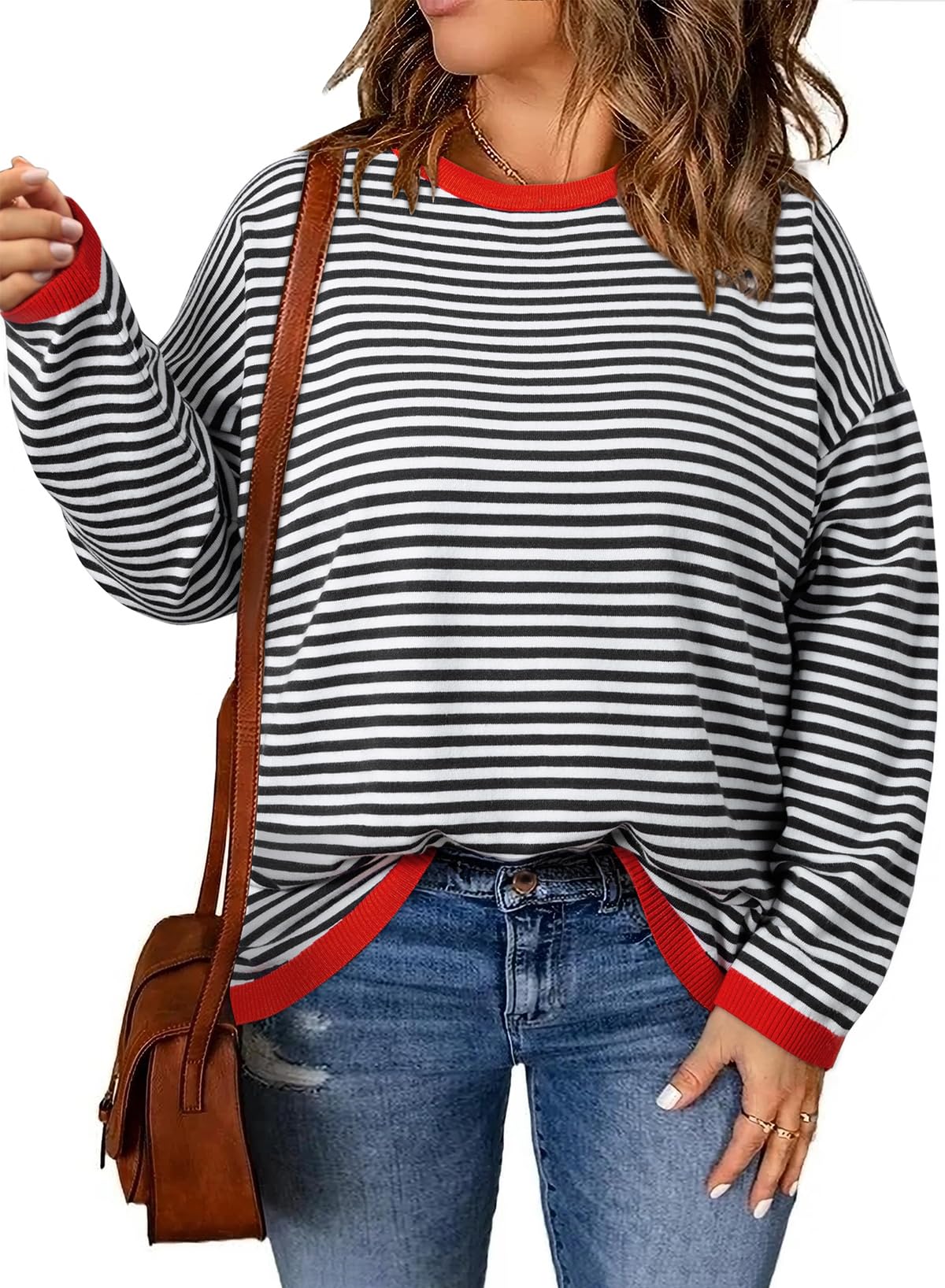 Eytino Plus Size Sweaters for Women Casual Striped Color Block Long Sleeve Round Neck Pullover Jumpers Tops 1X-5X