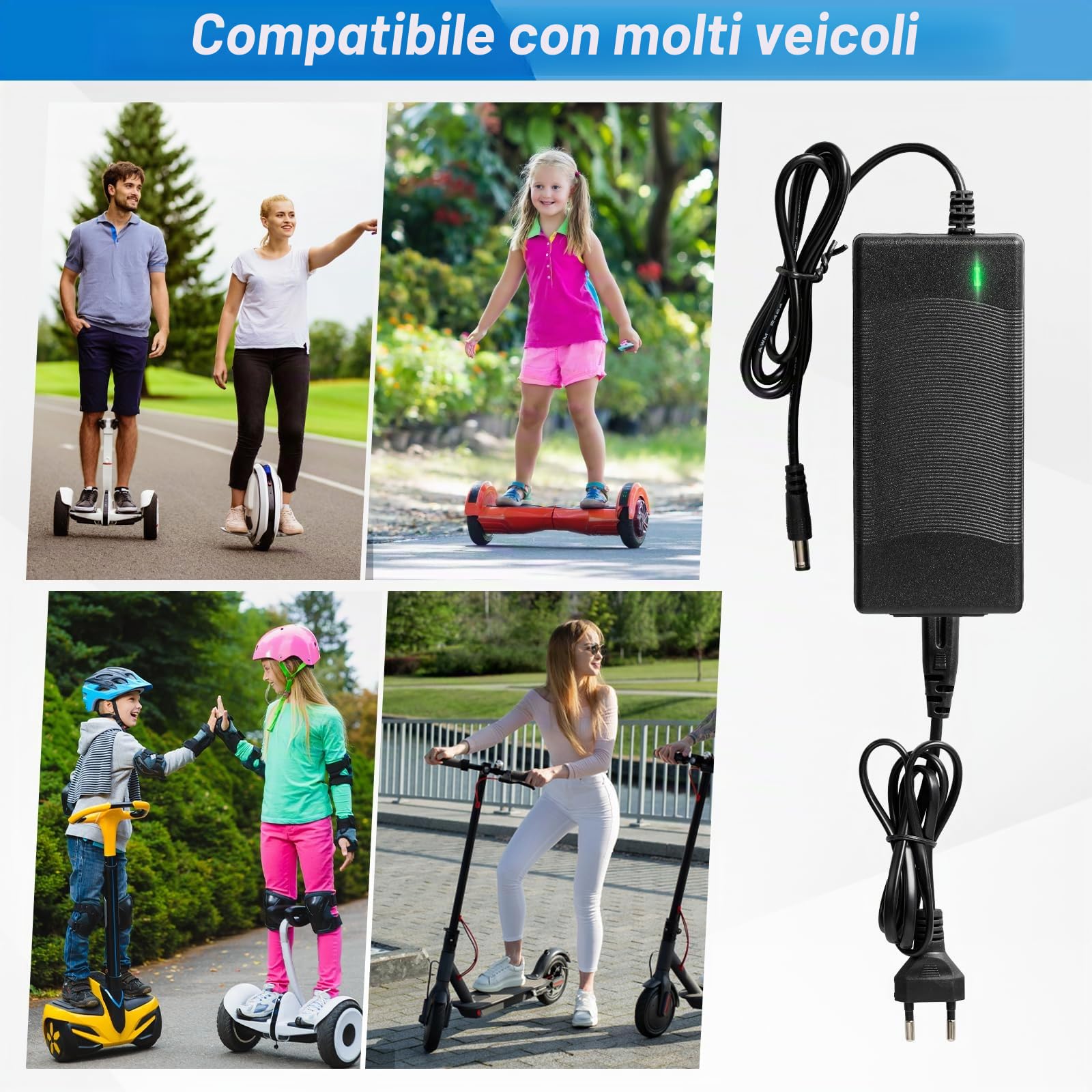 Caricatore Monopattino Elettrico, 42V 2A Caricabatteria per Scooter Elettrico, con 6 Connettori, per M365 Scooter, 36V Hoverboard, Bici Equilibrata, Drifting Board