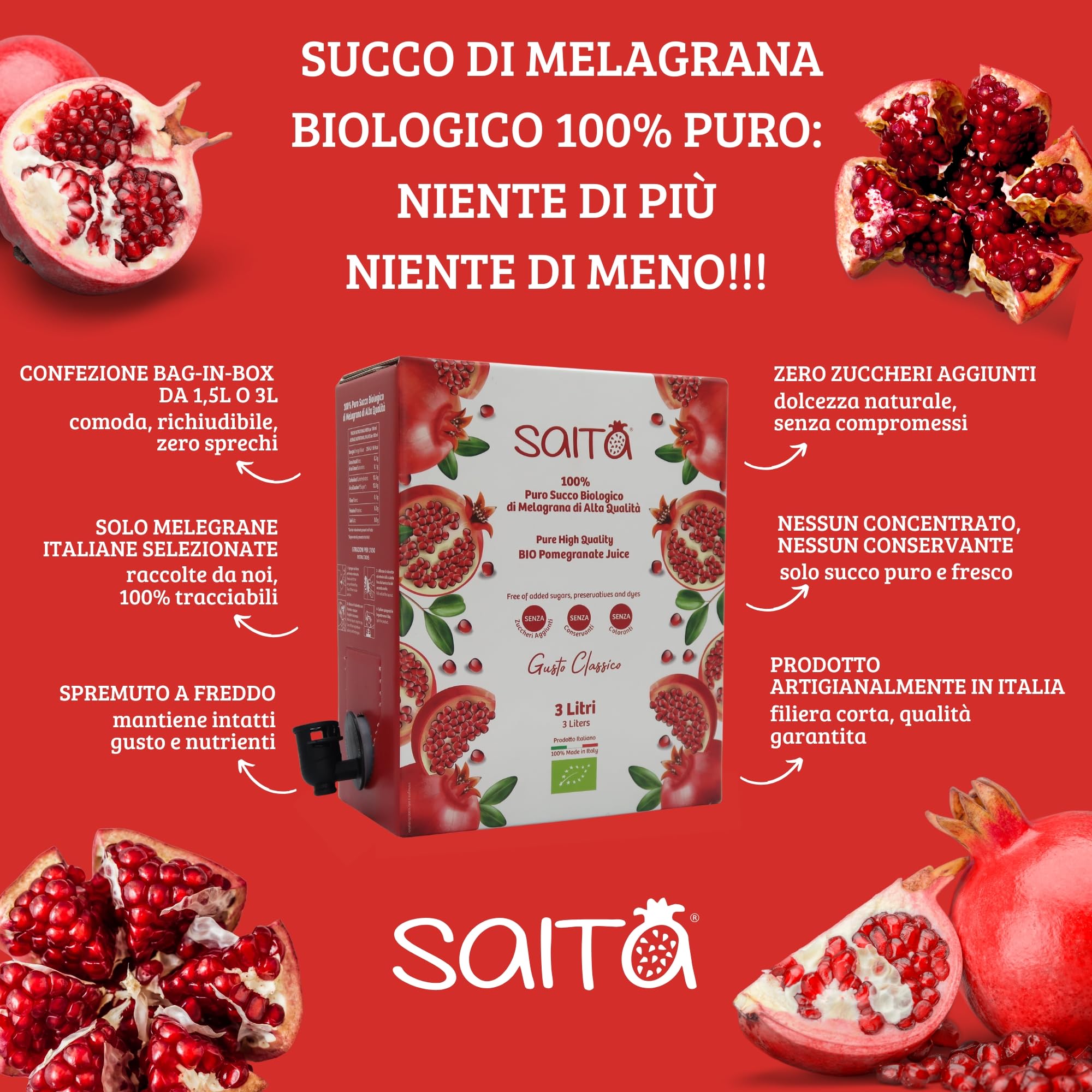 Saita Succo di Melograno 100% Puro Biologico, Succo di Frutta Senza Zuccheri Aggiunti, Vitamina C Naturale, Vegan Superfood Detox, Bag in Box 3 l, Classico, Made in Italy