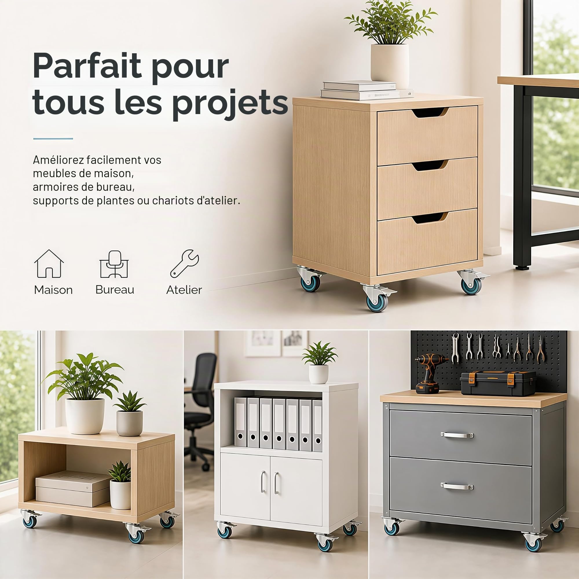 Lot de 12 roulettes pivotantes 50 mm (6 avec frein + 6 sans frein) – Roues en caoutchouc TPR, roulettes robustes pour meubles, chariots, armoires, supports de plantes – 50 kg par rouleau