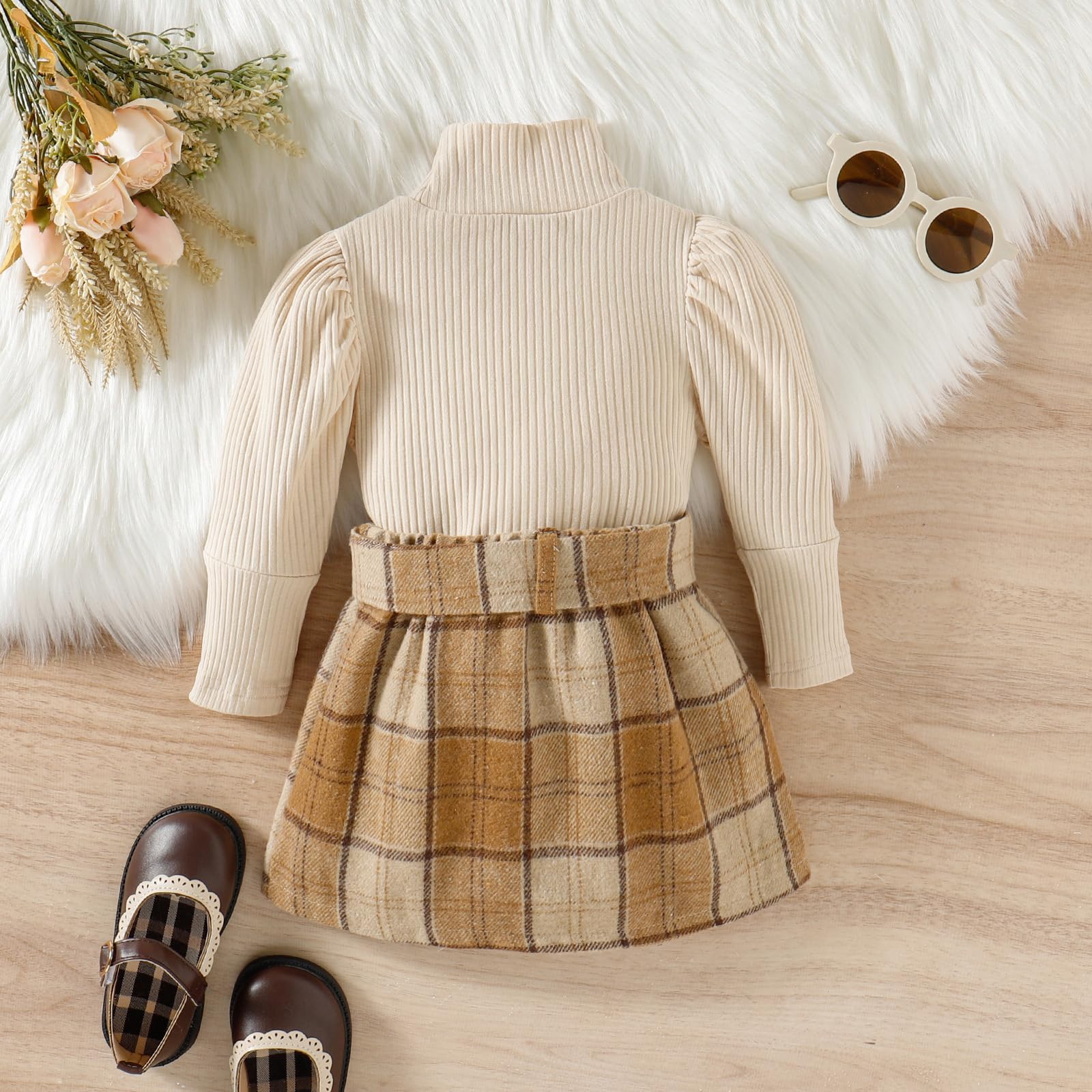 AMAWMW Ropa de otoño e invierno para niña, camisa de manga larga con volantes, mini falda de pana, vestido acampanado para niña