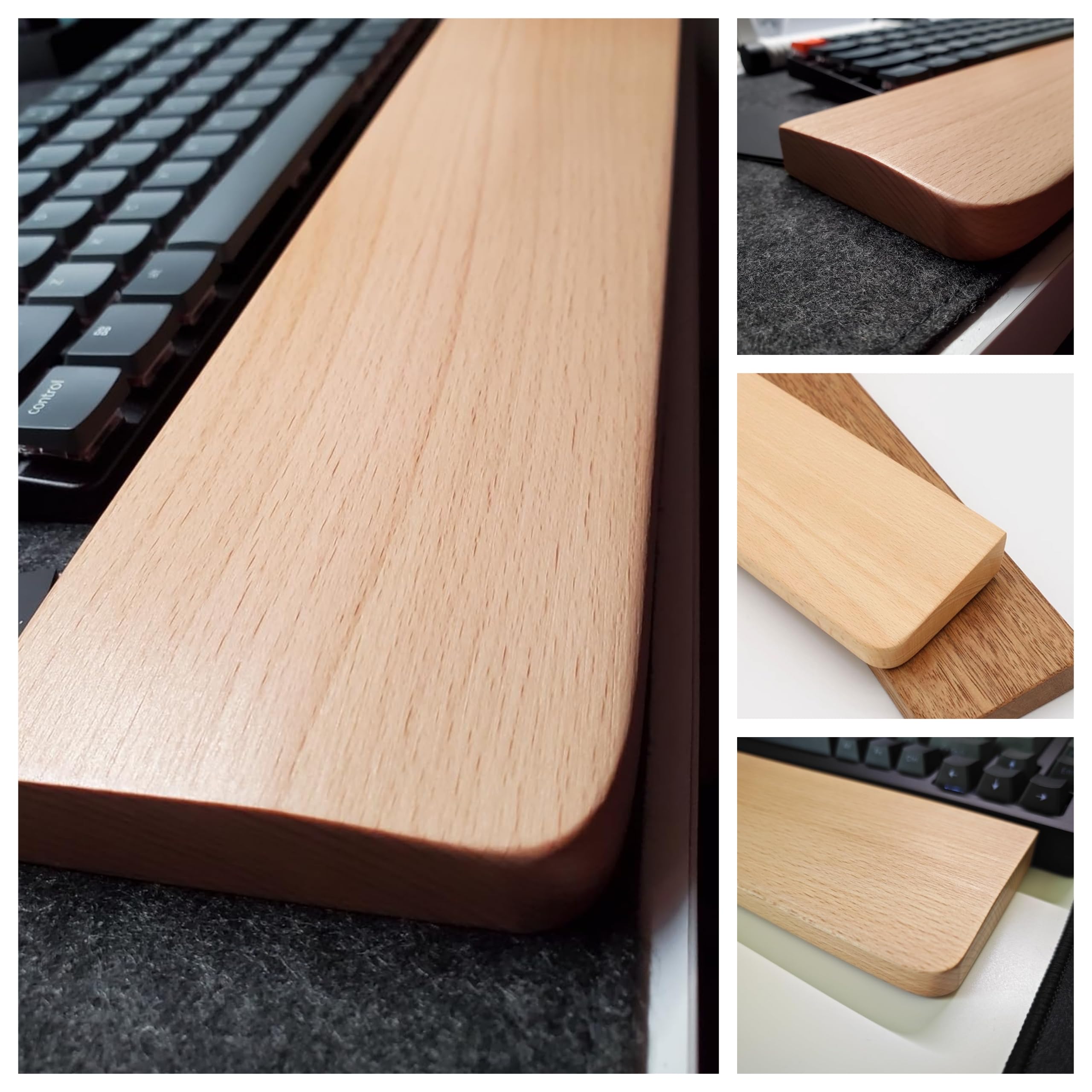 Poggiapolsi in legno per tastiere meccaniche, imbottitura ergonomica, faggio 30x8x1,6 cm