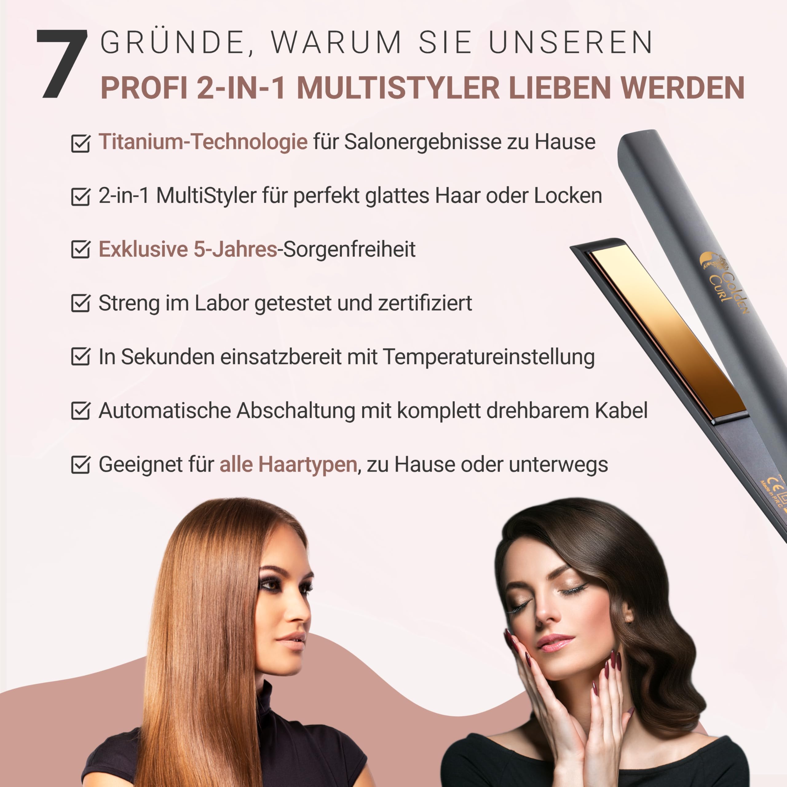 Glätteisen Locken und Glätten, Haarglätter für atemberaubende Ergebnisse | 5 Jahre Sorgenfreiheit, Hair Straightener und Lockenstab 2 in 1 für umwerfende Locken und geschmeidiges Haar (Gold Control)