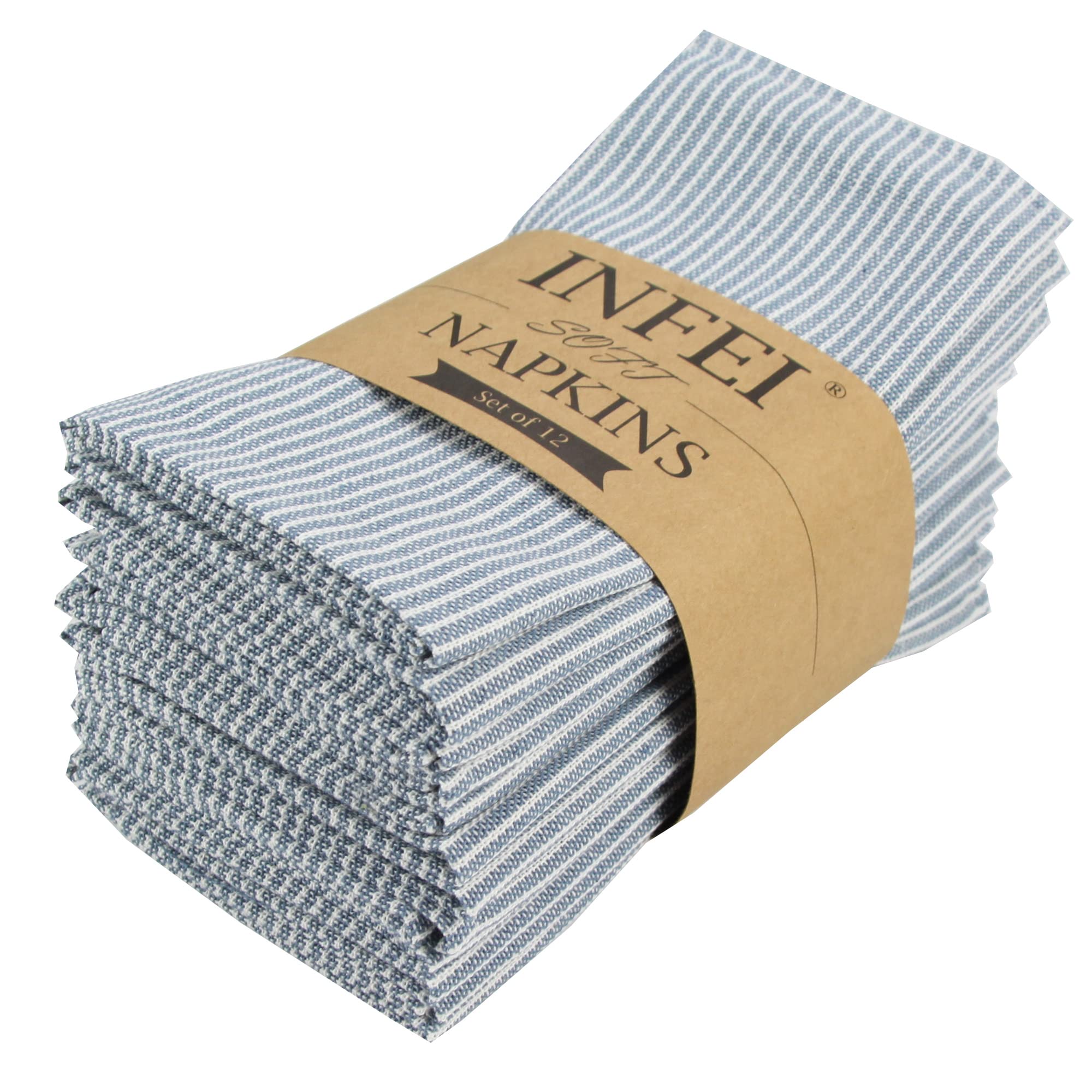 INFEINarrow Striped Linen Cotton Dinner Cloth Napkins - Set of 12 (40 x 40 cm) - for Events & Home Use (Blue)