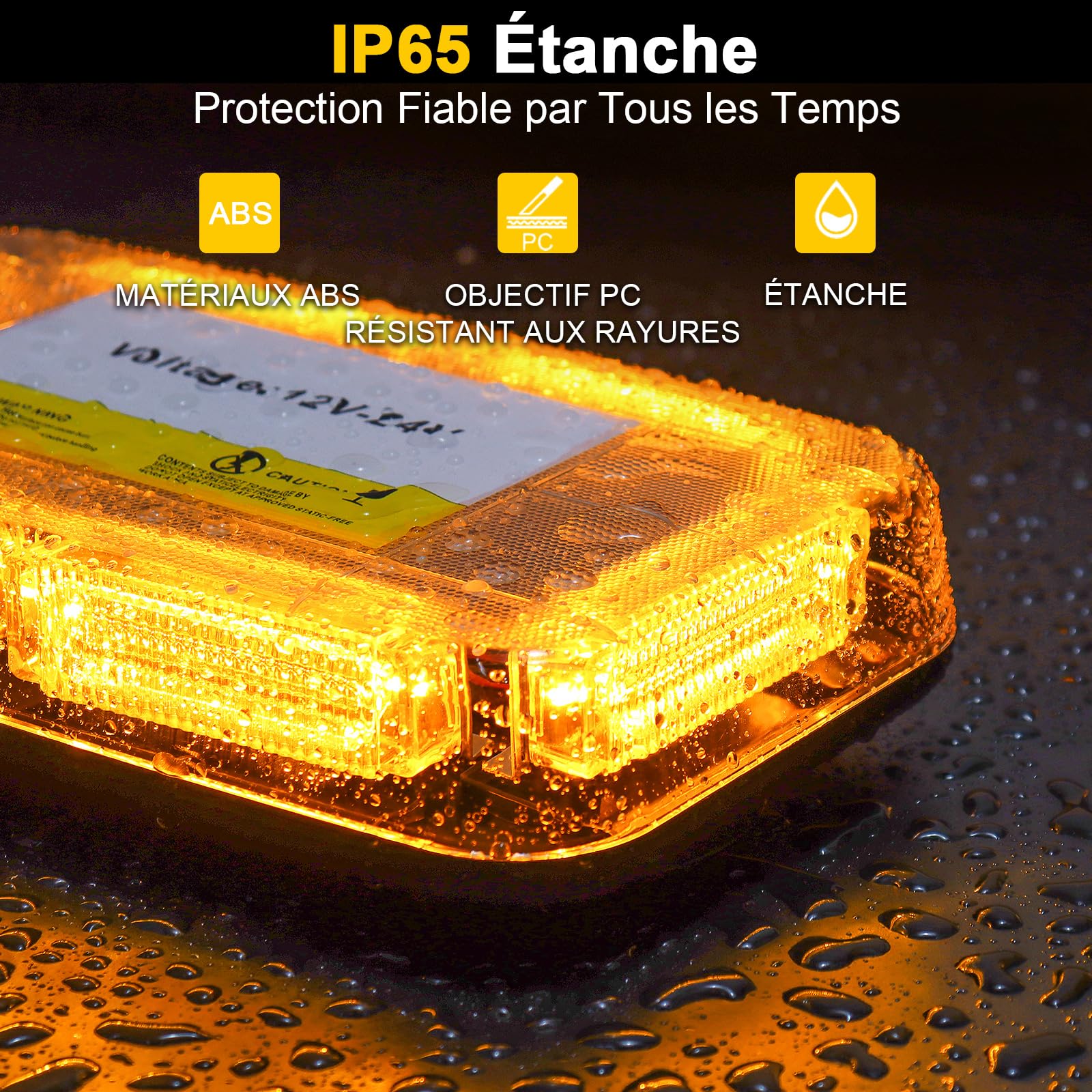 Rampe Gyrophare 90 LED 12V-24V Orange Magnétique pour Véhicule Chantier | Fixation 130 km/h Anti-Rayures, Câble 3 m Allume-Cigare, Norme Étanche IP65, 16 Motifs Mémoire