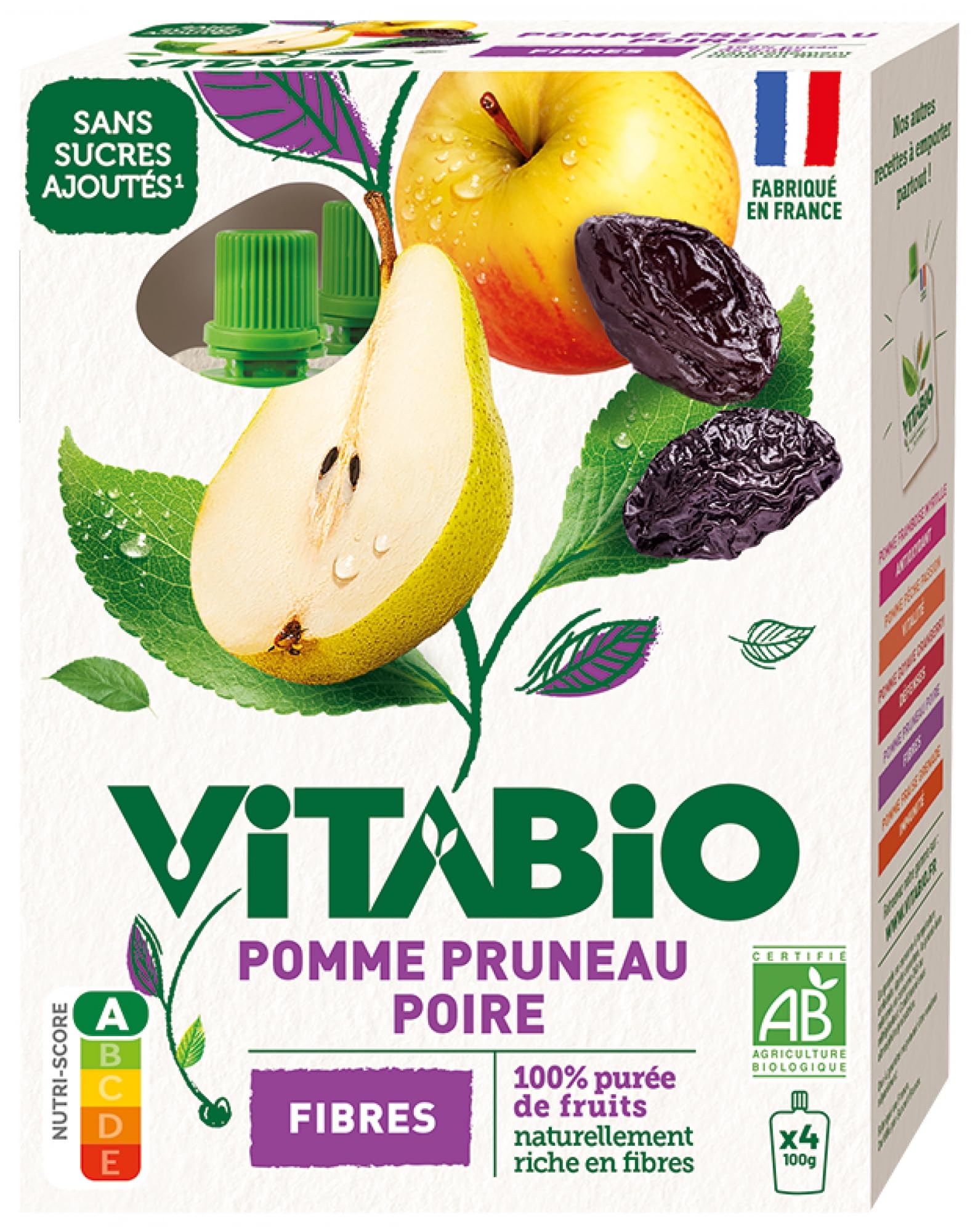 VITABIO - Gourdes Pomme Pruneau Poire - FIBRES - 4x100g - BIO