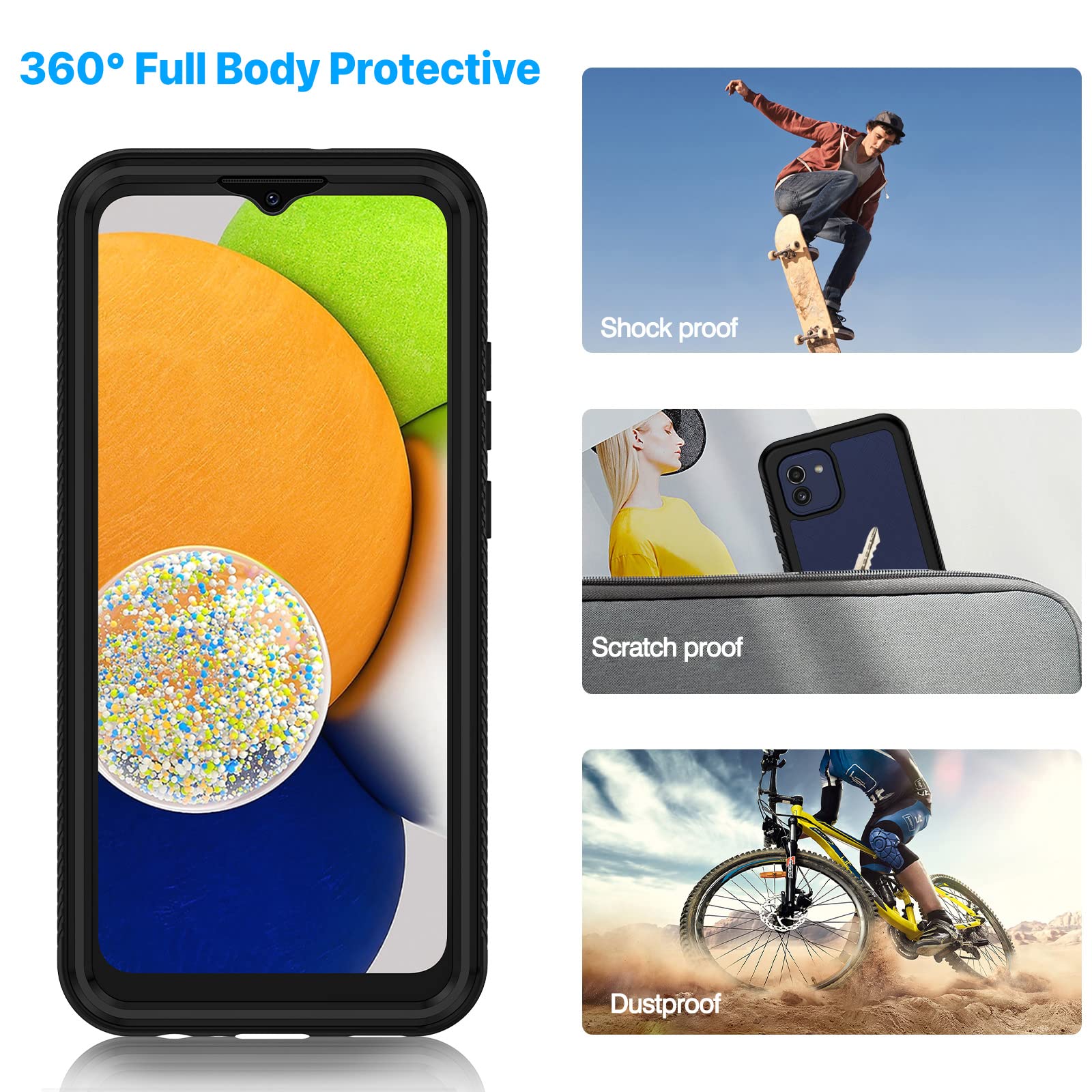 CENHUFO Cover Samsung A03, Custodia Samsung A03 Antiurto 360 Gradi con Protezione Schermo Integrata Rugged Trasparente Case Doppia Faccia Bumper Fronte Retro Cover per Samsung Galaxy A03 - Nero