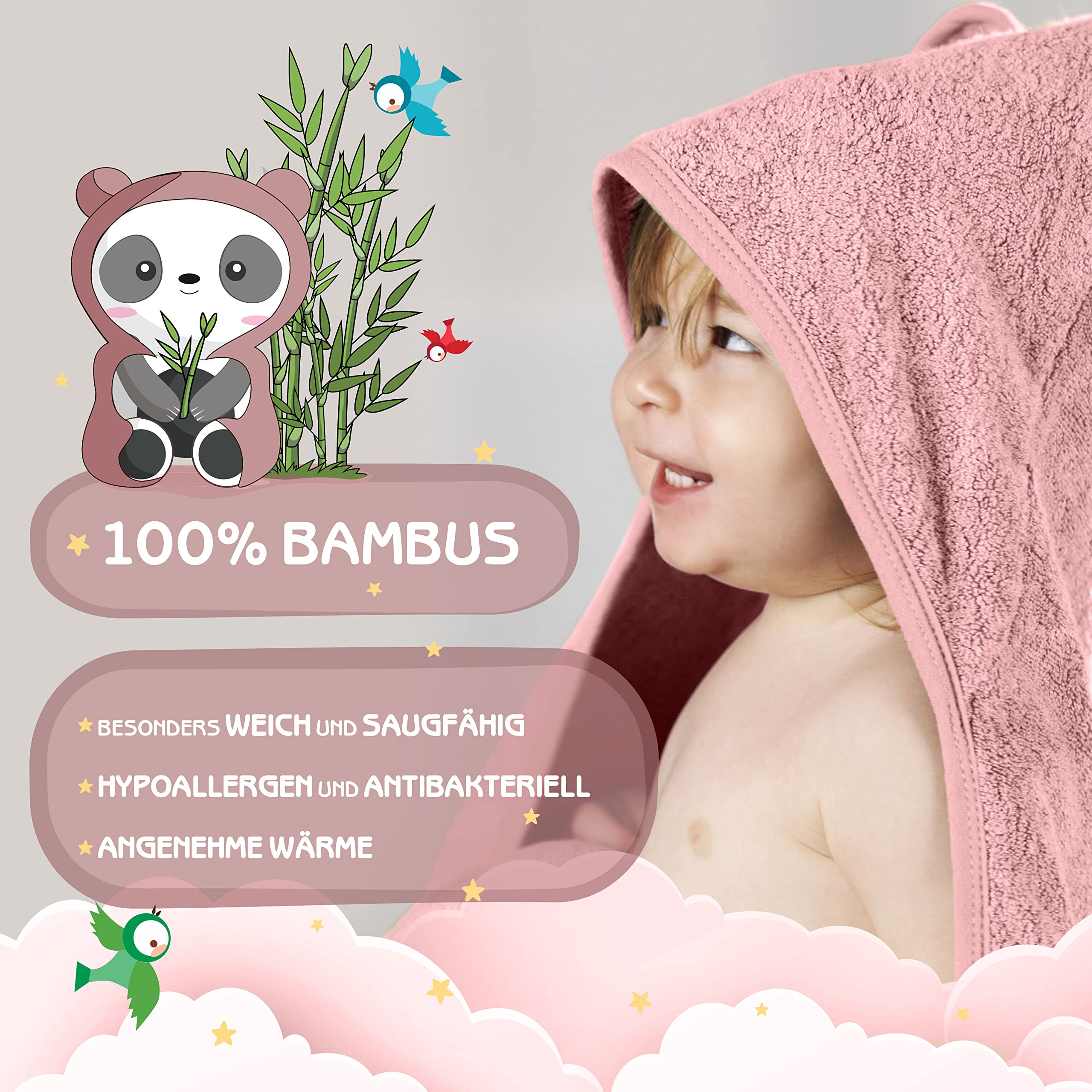 FUCHSUNDPANDA ® Asciugamano con cappuccio per bambini EXTRA spesso, caldo e morbido | 75x75cm Asciugamano per bambini con cappuccio (100% bambù) | Asciugamano per bambini con cappuccio con fantastica