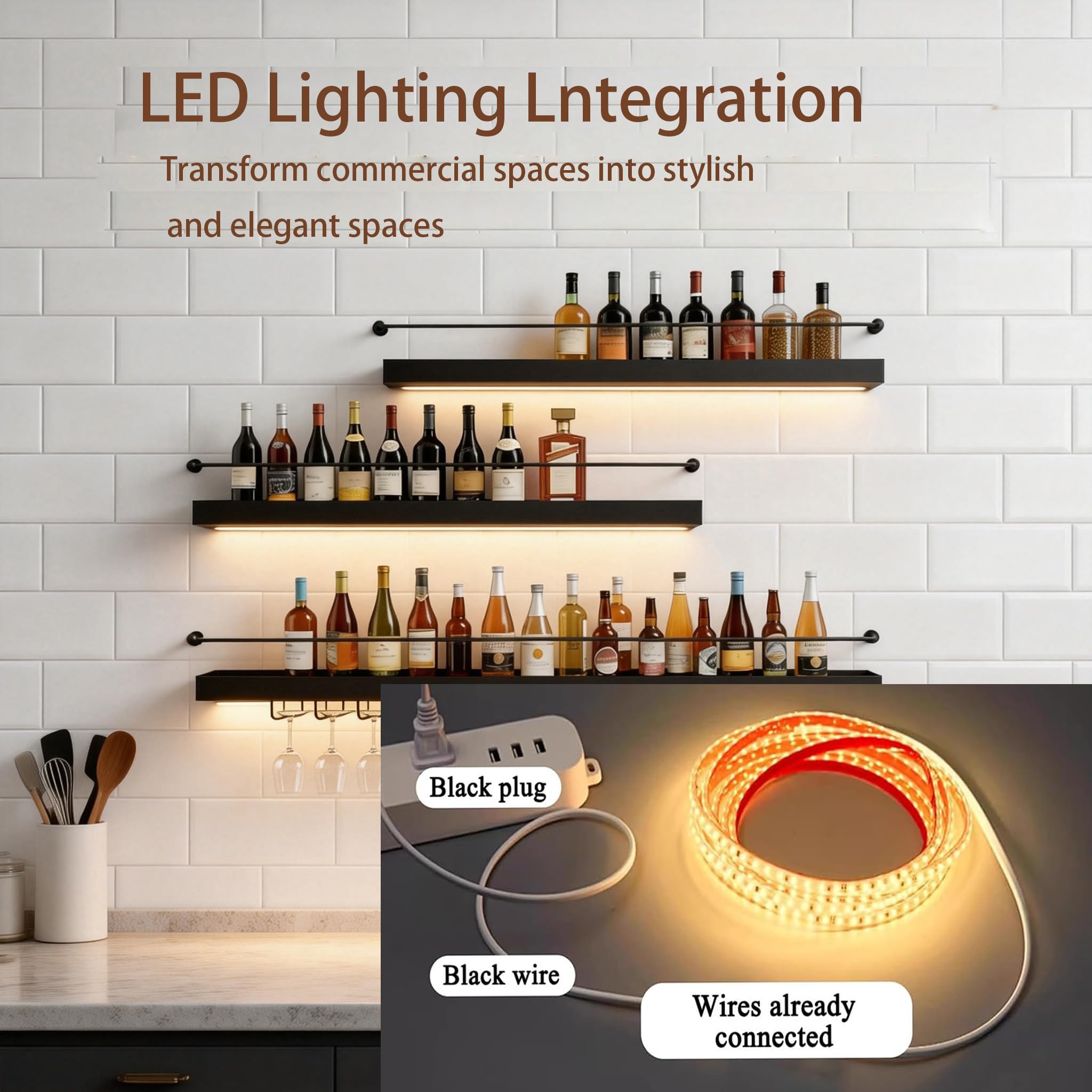 Alkmla180CM Estante Metálico de Vinos de Pared con Luces LED,Negro