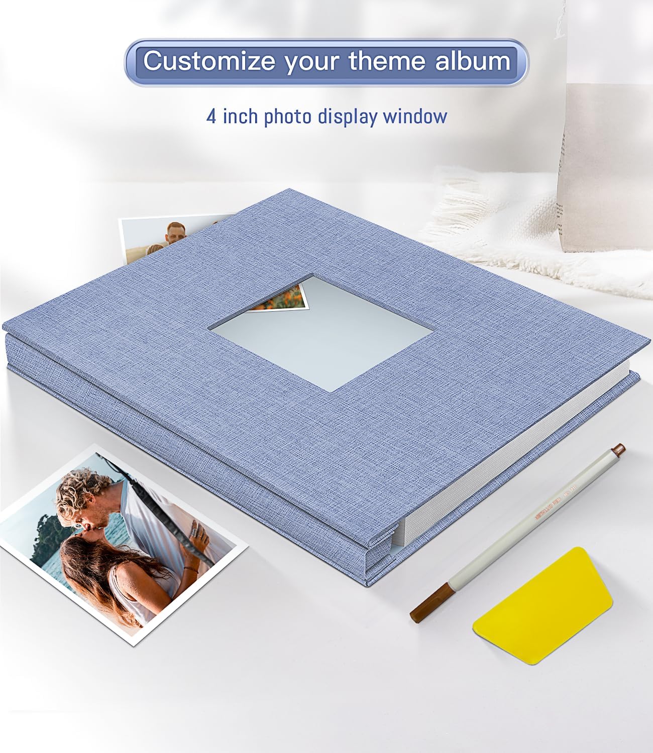 popotop photo album self adhesive with picture display window,60 pages diy scrapbooking supplies kit for 4x6 8x10 picture,linen cover memory book for baby wedding, with scraper and metallic pen 11.4"x10.5"60 pages sky blue
