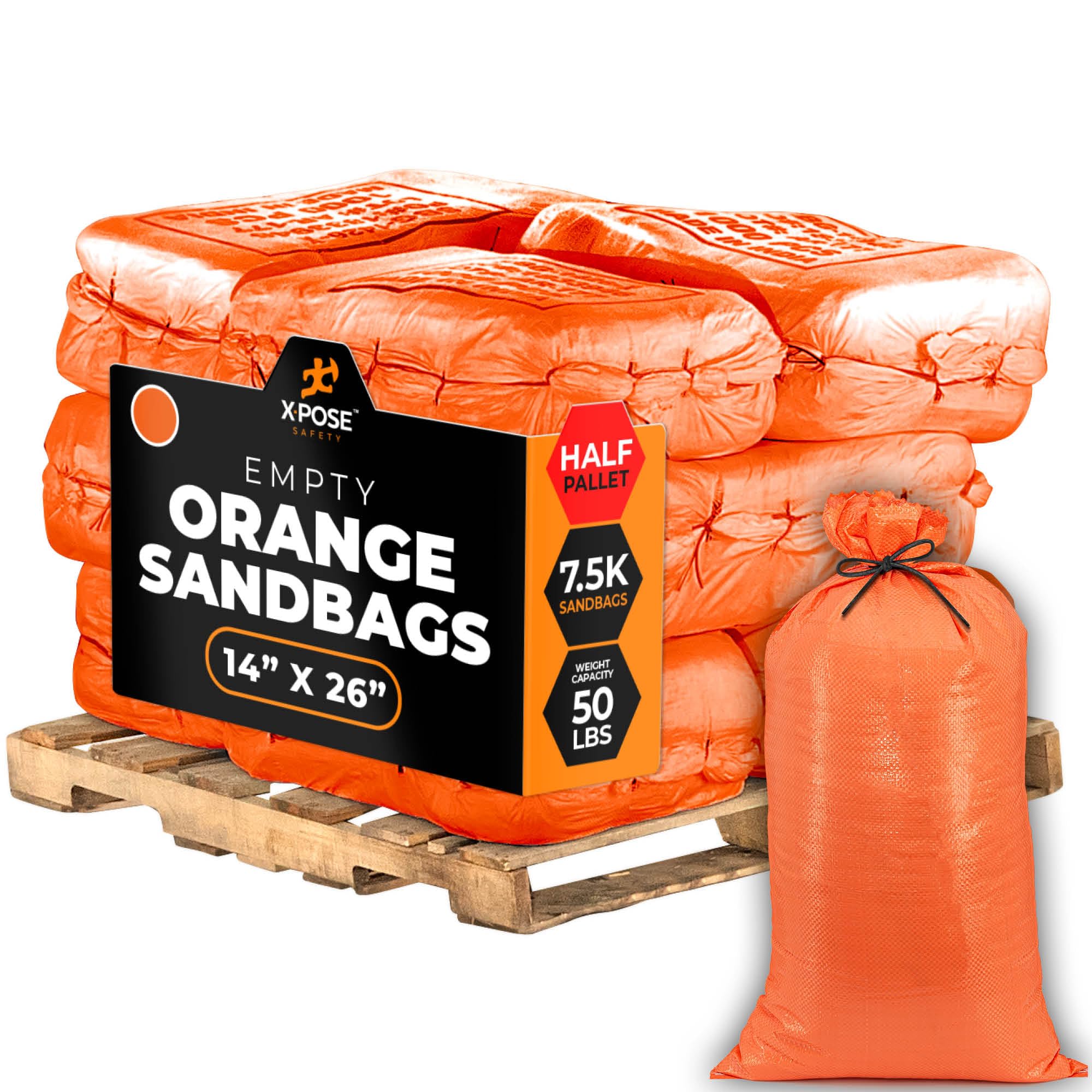 Xpose Safety Heavy Duty Sand Bags with Tie Strings – Empty Woven Polypropylene Sandbags for Hurricane Flood Protection, 50 lb Capacity, 14" x 26", Orange, Bulk Half Pallet Pack of 7500