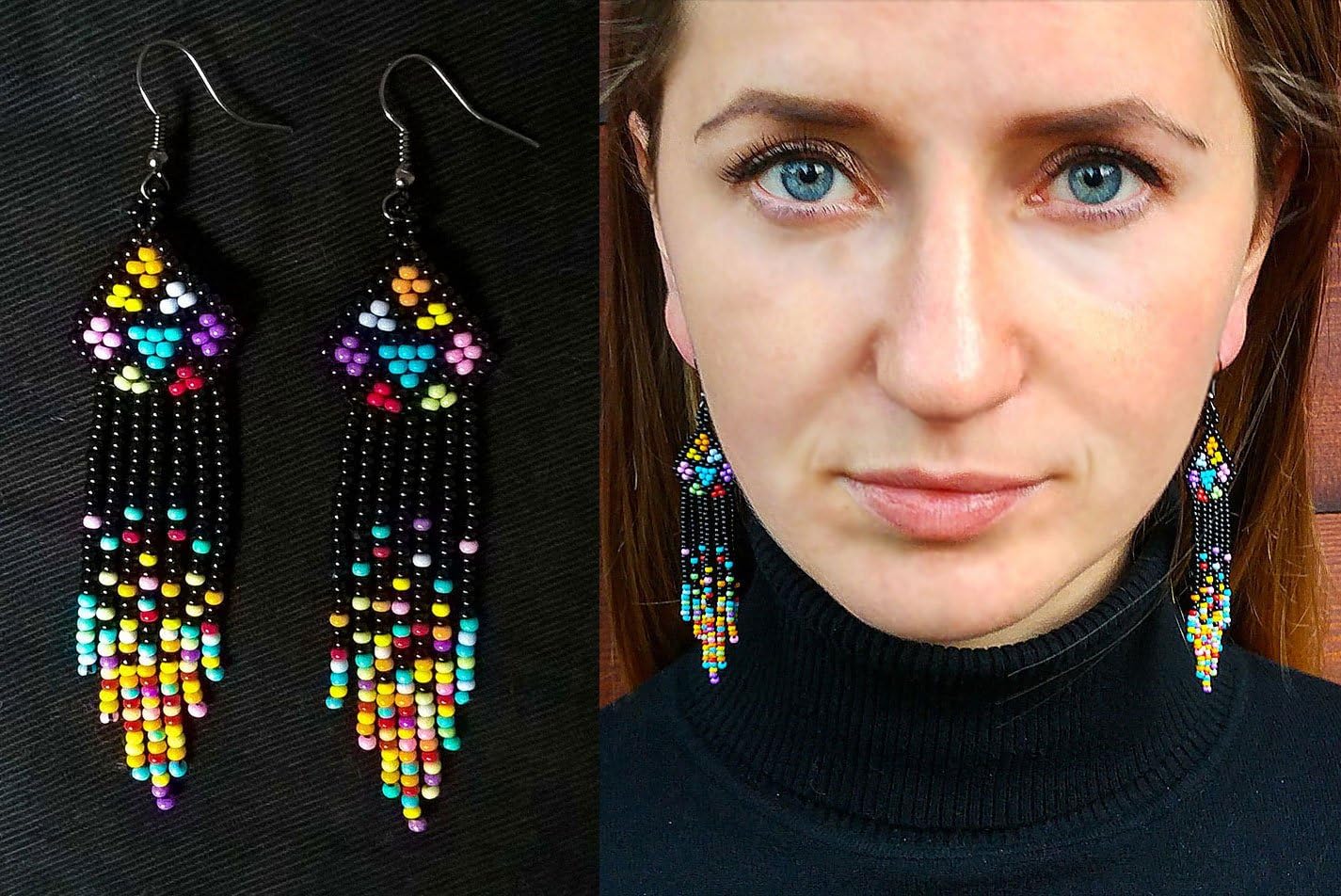 Black Native America Dangle Bead Earrings, Native America Bead Earring, Native American Big Earring, Native American Colorful Jewelry