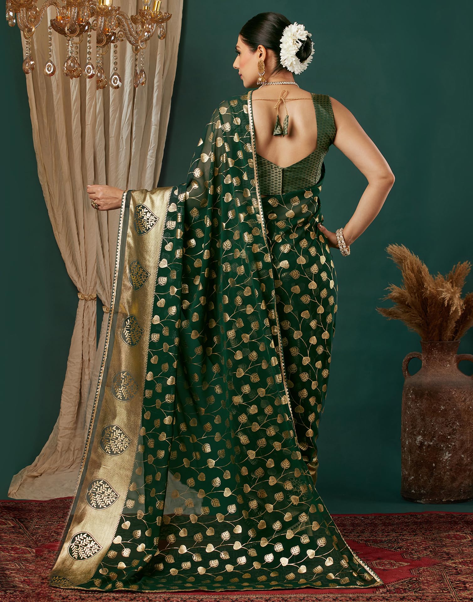 SIRIL Women's Georgette Foil Printed Saree with Unstitched Blouse Piece (4443S340_Dark Green) - Image 4 thumbnail