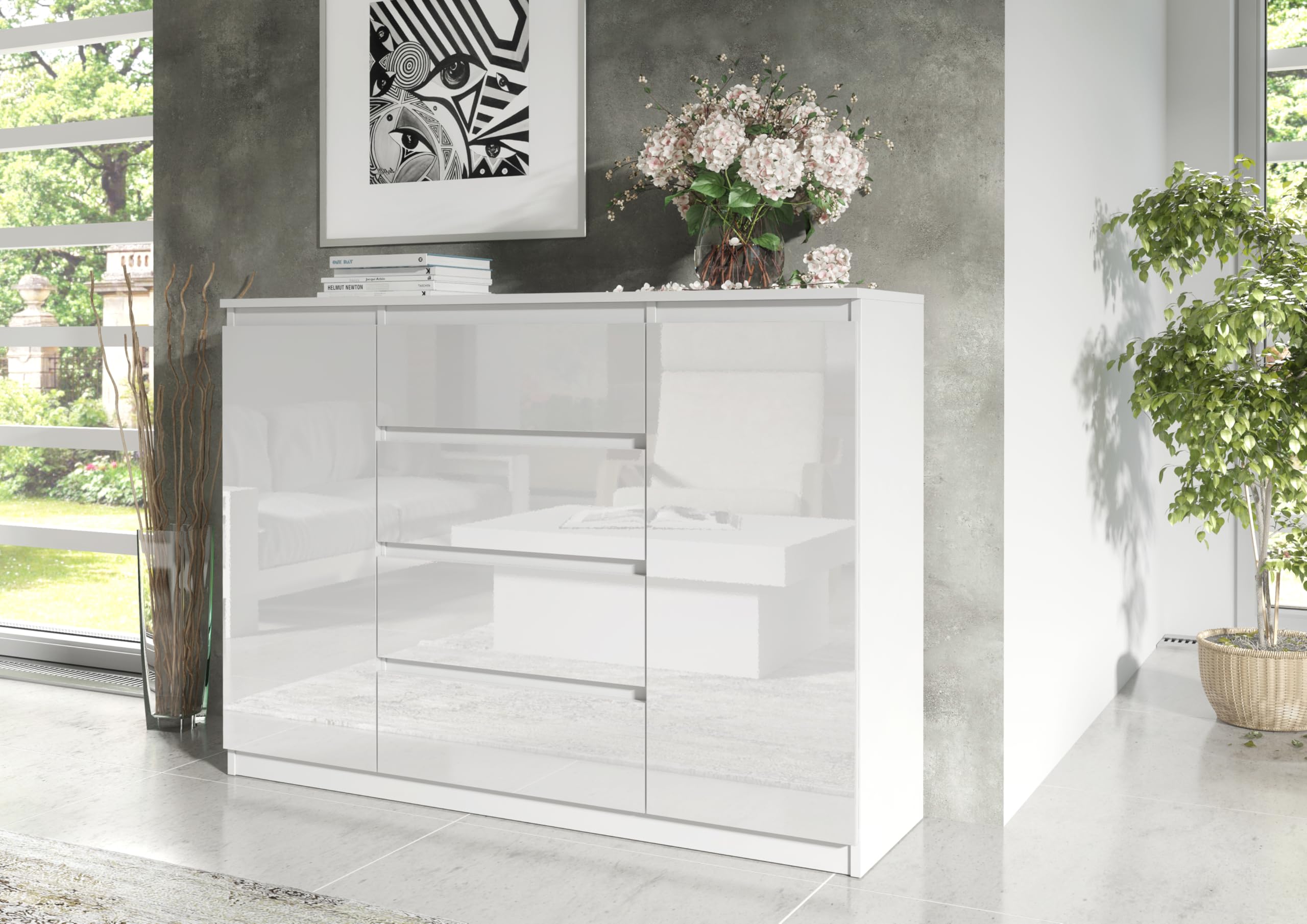 meble masztalerz Kommode Weiß Hochglanz-Fronten mit 4 Schubladen & 2 Türen 120 cm - Sideboard Wohnzimmer, Schlafzimmer - H:101,5 cm, B:120,4 cm, T:39 cm - Kommode mit Schubladen - Schubladenschrank