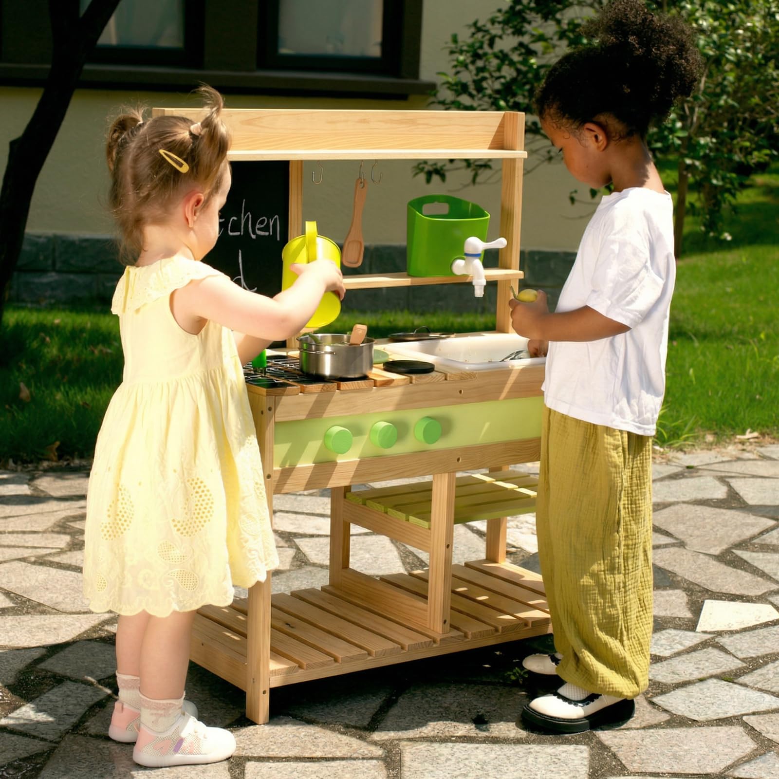Gaint Bean Outdoor-Matschküche aus Holz für Kinder von 3-8 Jahren | Spielküchen-Set für Jungen und Mädchen – Innen- und Außenaktivitäten mit Wasserspüle
